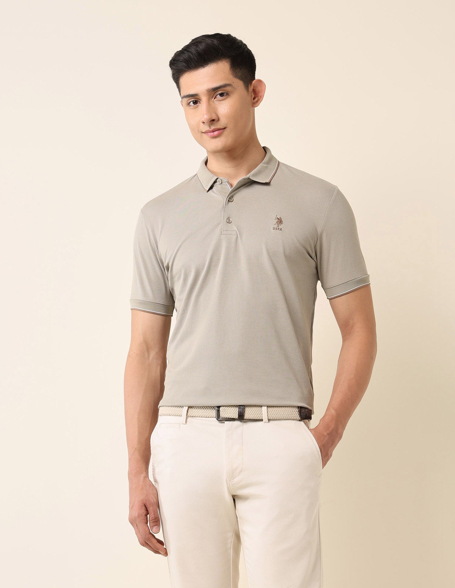 Textured Slim Fit Polo Shirt Light Grey - U.S. Polo Assn. India | Large