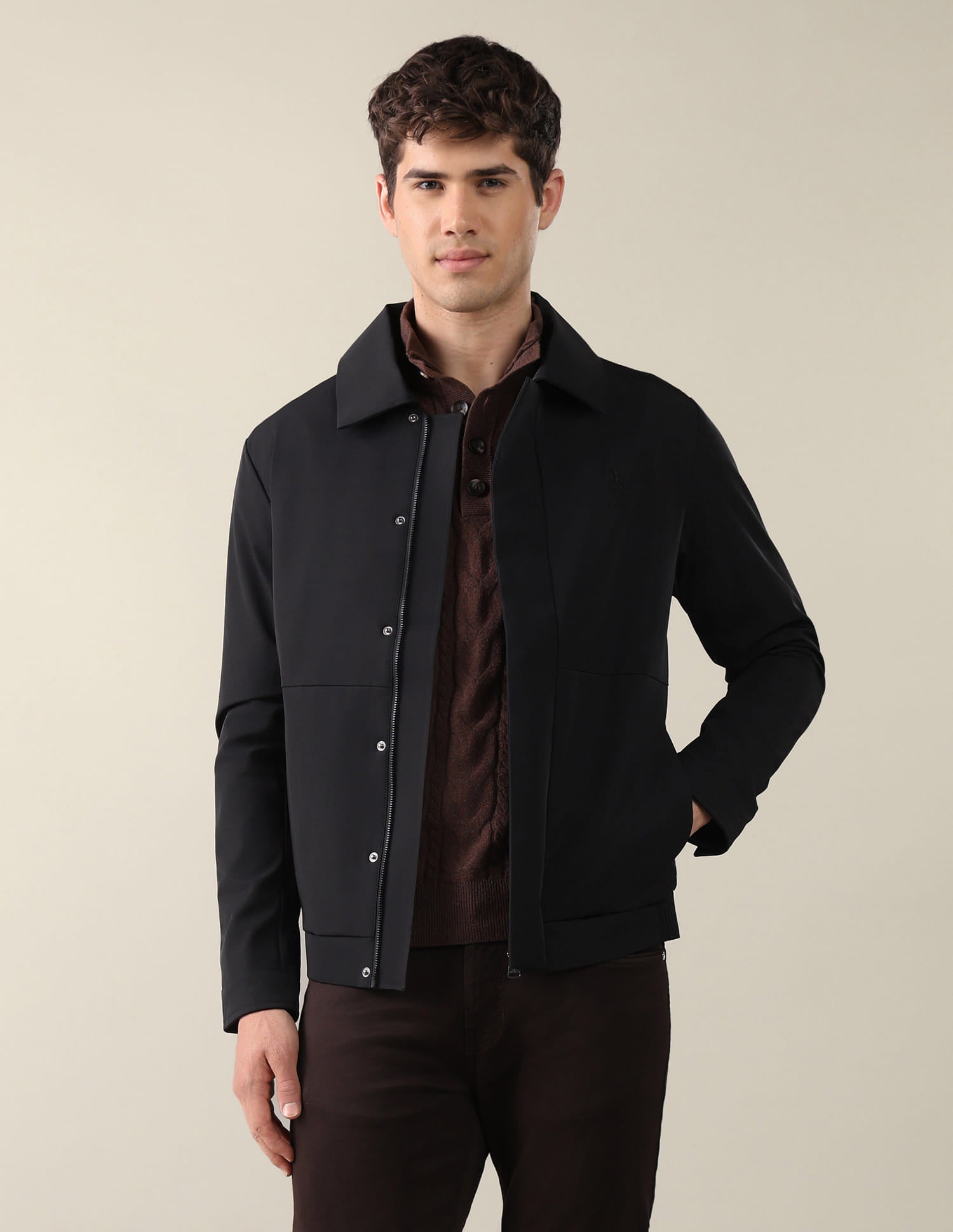 Solid Regular Fit Bomber Jacket Black - U.S. Polo Assn. India | Large
