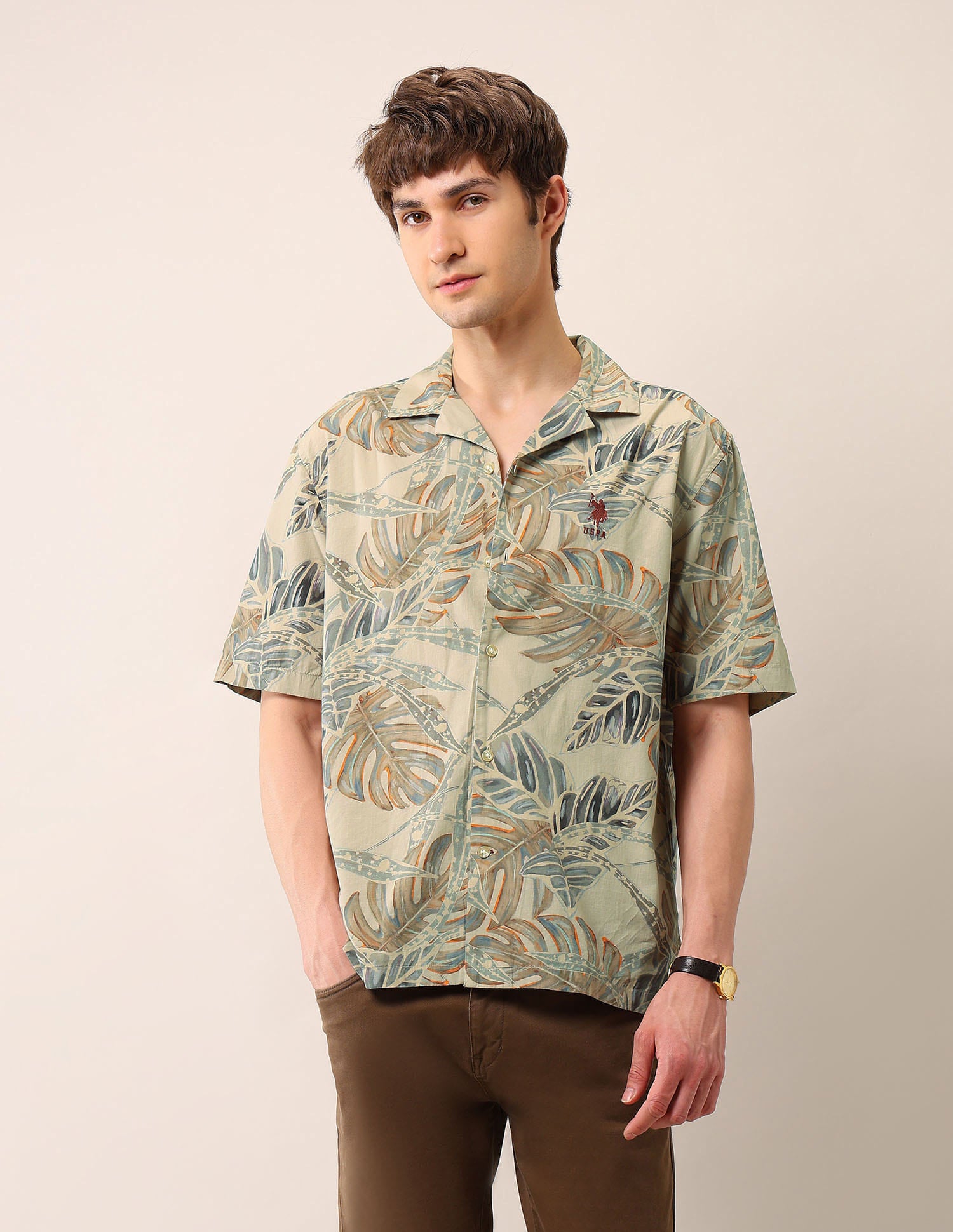 Tropical Printed Cuban Shirt Khaki - U.S. Polo Assn. India | Large