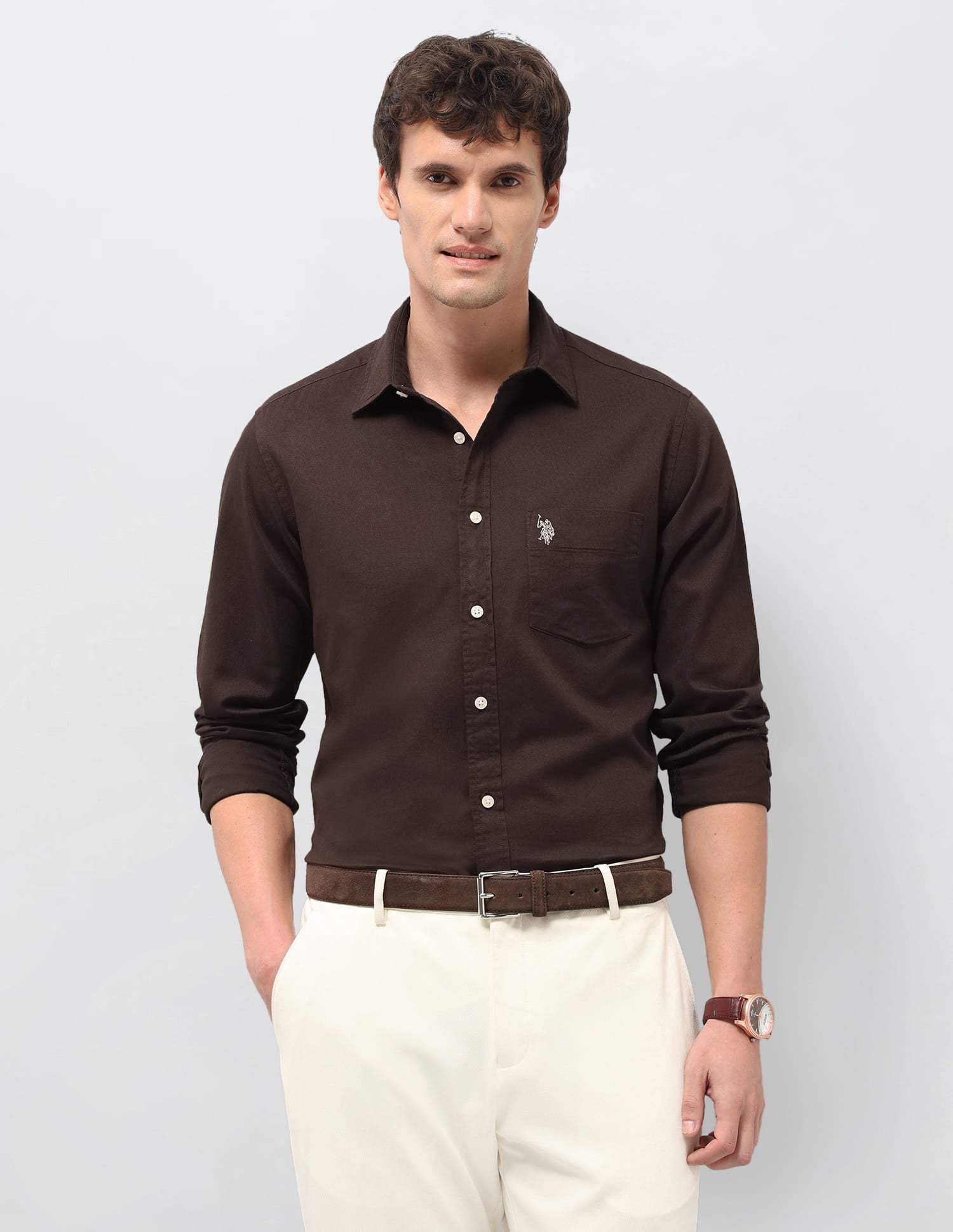 Solid Tailored Fit Shirt Brown - U.S. Polo Assn. India | Large
