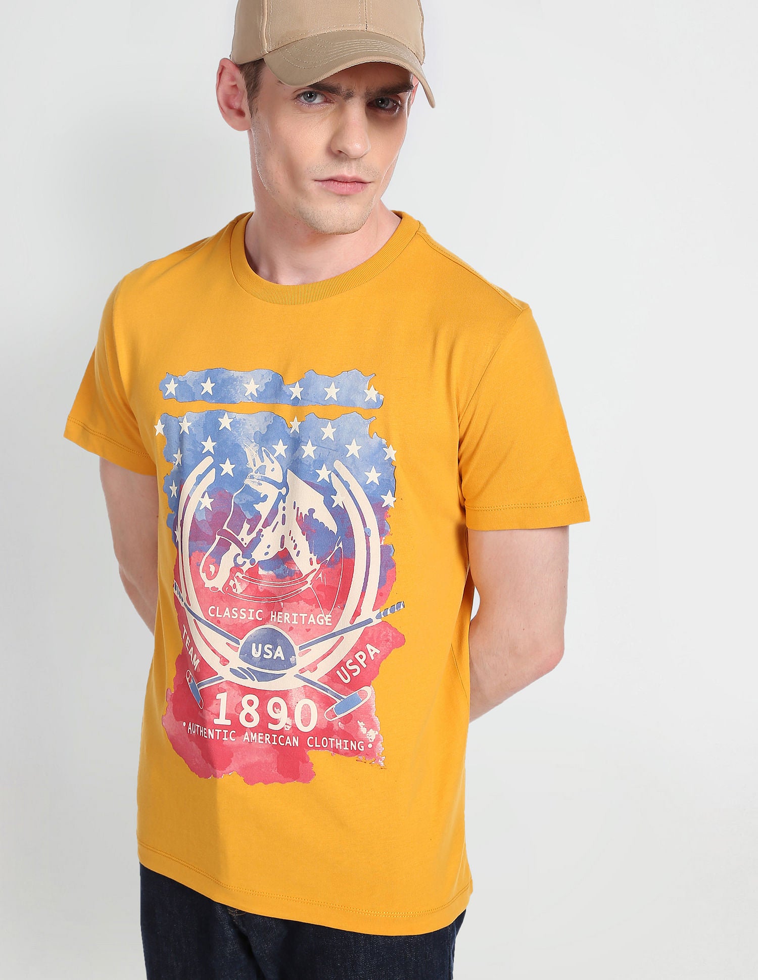 Crew Neck Graphic Print T-Shirt Mustard - U.S. Polo Assn. India | Large