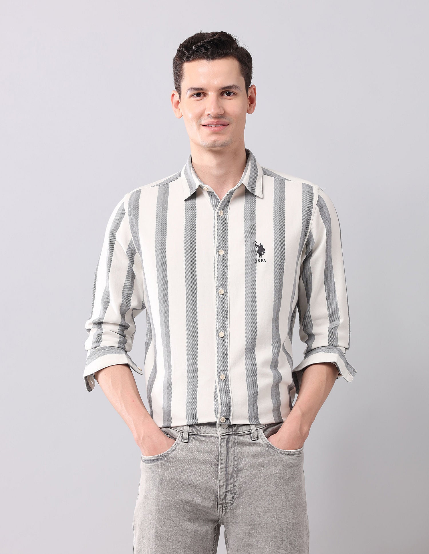 Vertical Striped Pure Cotton Shirt Ivory - U.S. Polo Assn. India | Large