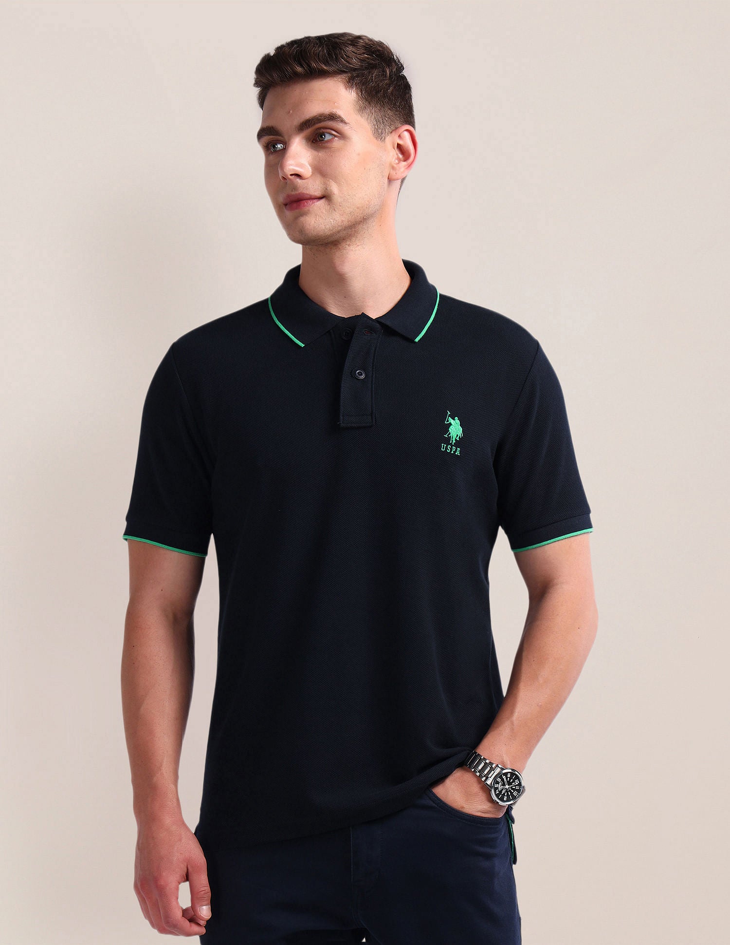 Solid Slim Fit Polo Shirt Navy - U.S. Polo Assn. India | Large