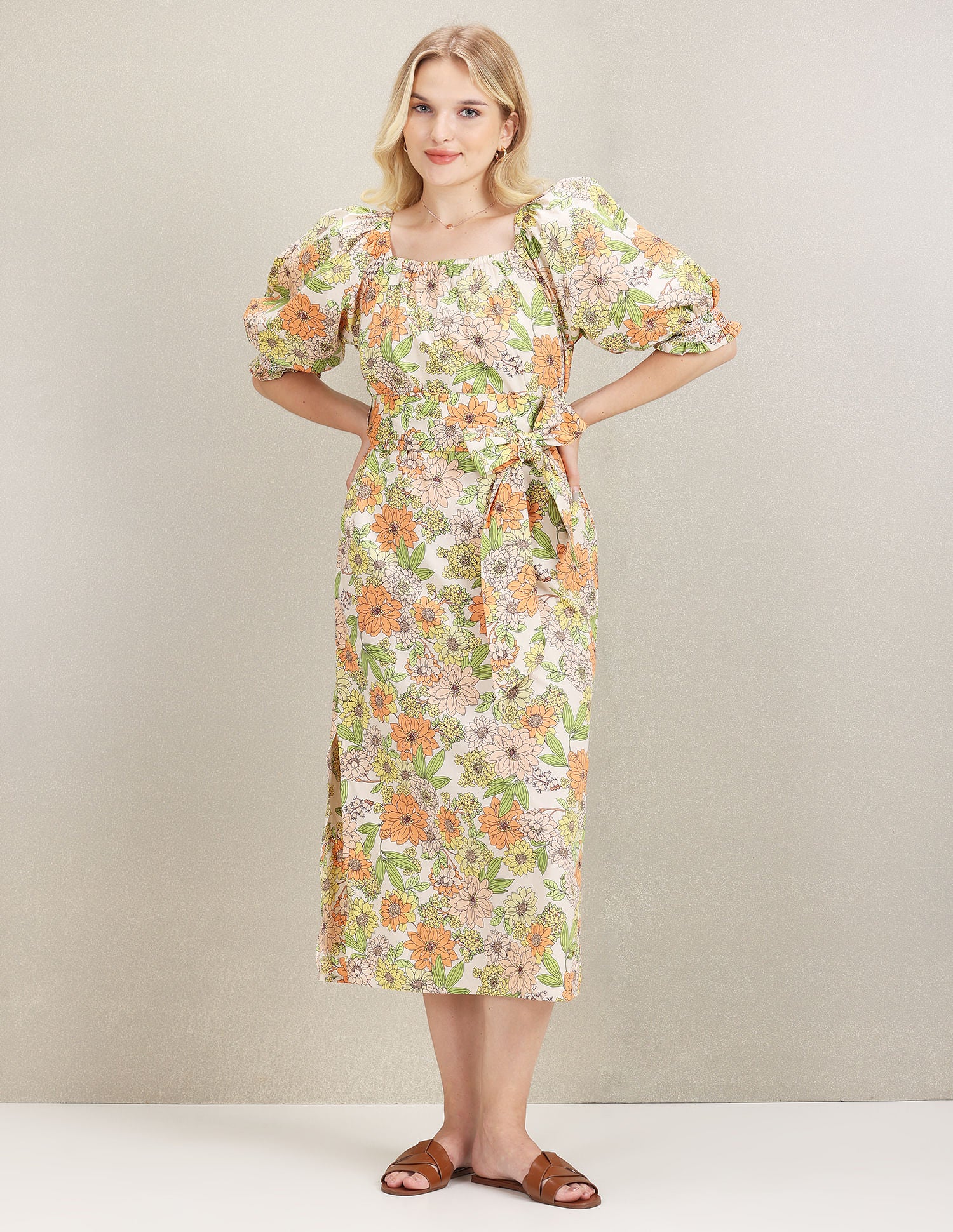 Square Neck Tie Up Midi Dress