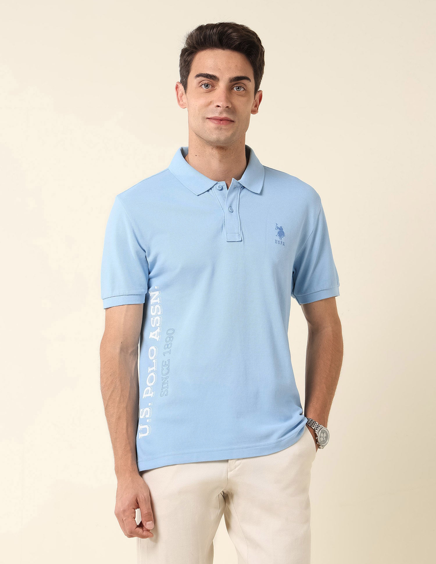 Brand Printed Pure Cotton Polo Shirt Light Blue - U.S. Polo Assn. India | Large