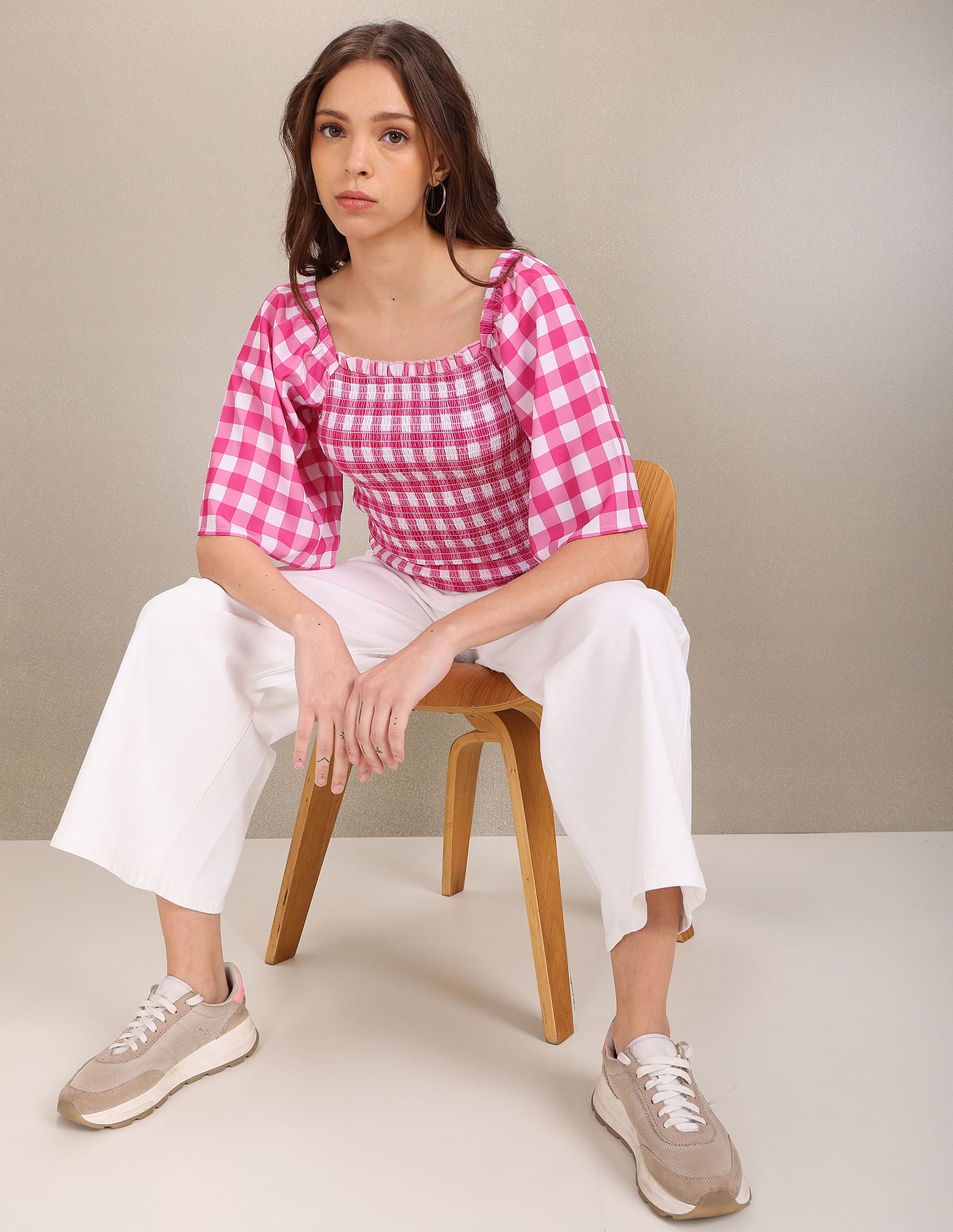 Square Neck Gingham Check Smocked Top