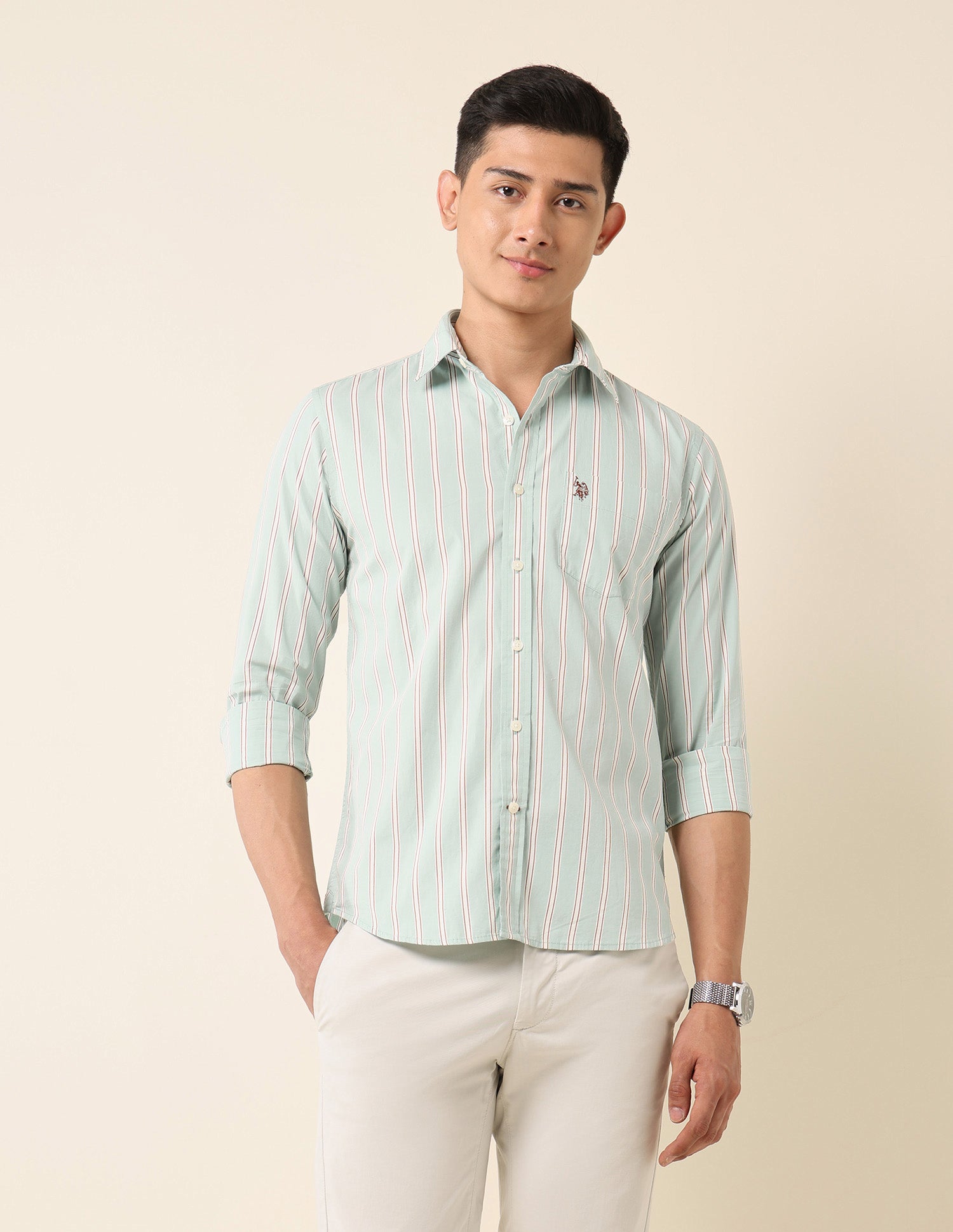 Vertical Striped Pure Cotton Shirt Light Green - U.S. Polo Assn. India | Large