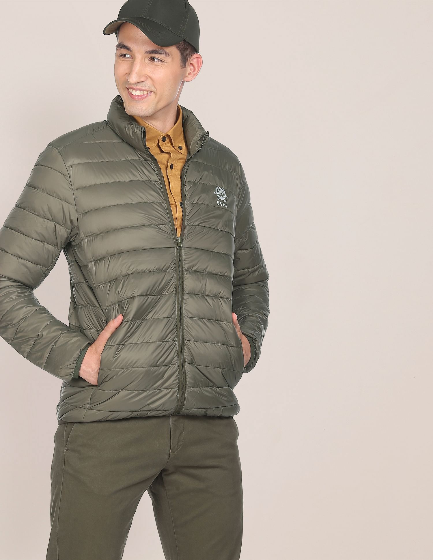High Neck Nylon Solid Puffer Jacket Olive - U.S. POLO ASSN. | Large