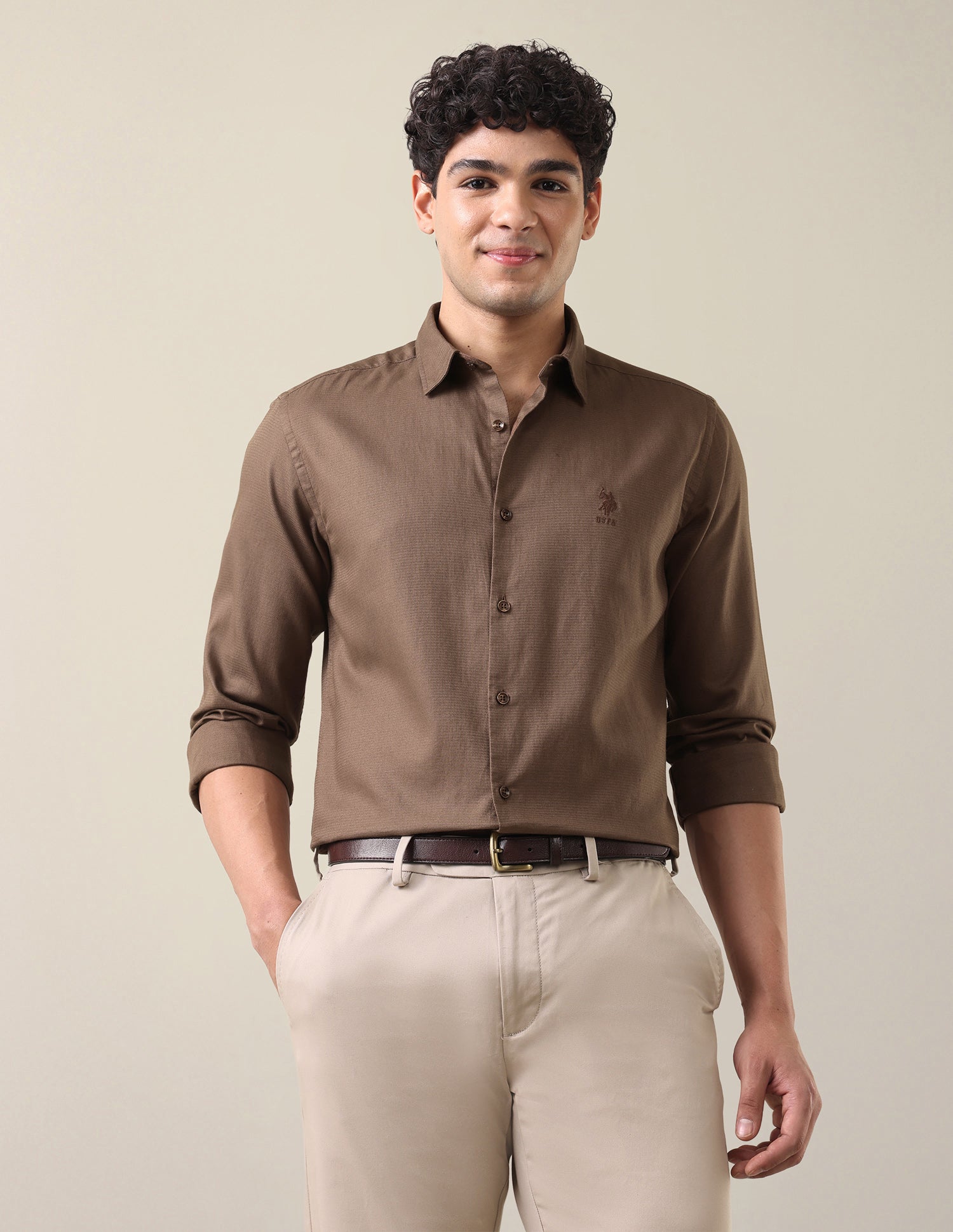 Dobby Textured Shirt Light Brown - U.S. Polo Assn. India | Large