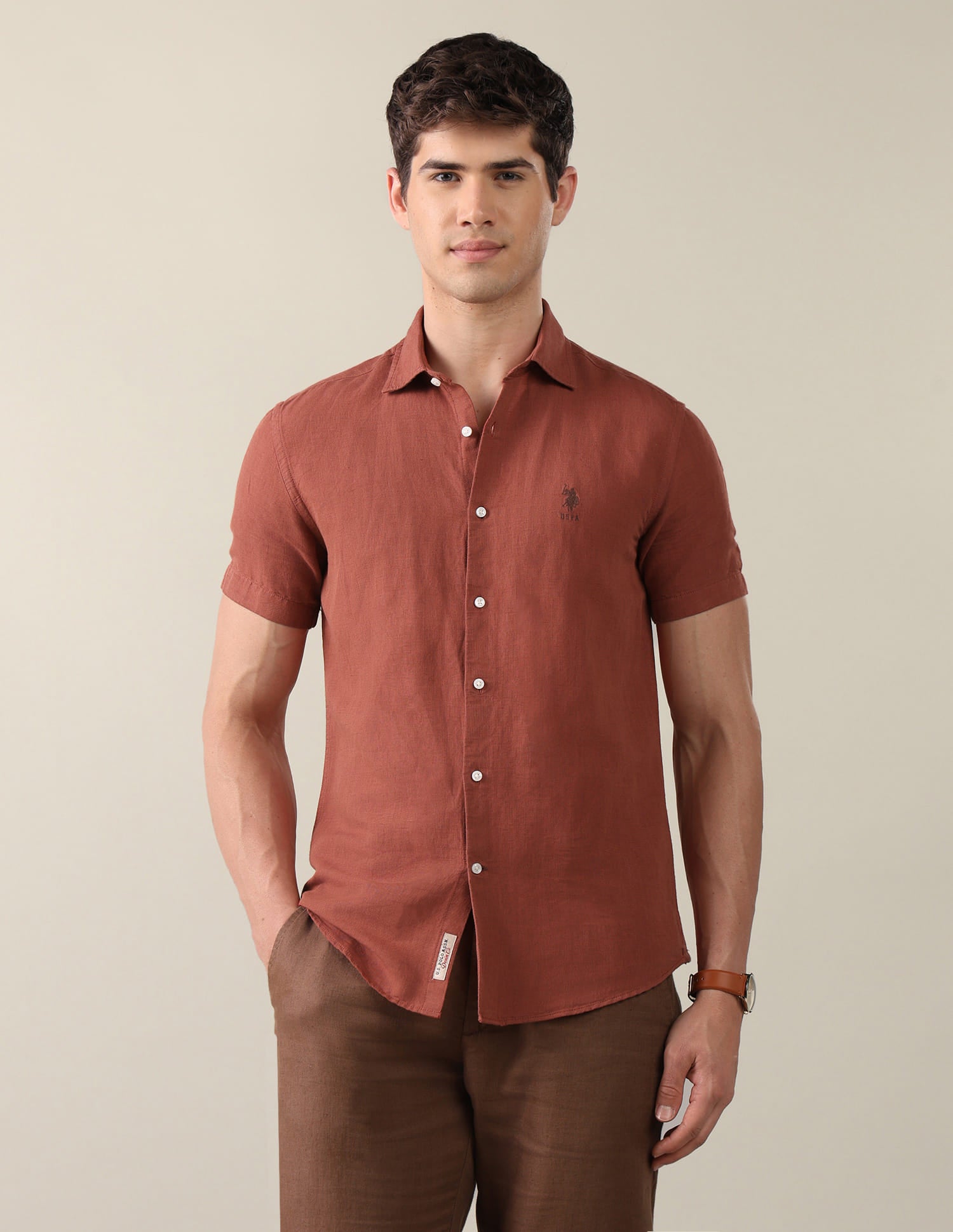 Solid Regular Fit Shirt Brown - U.S. Polo Assn. India | Large