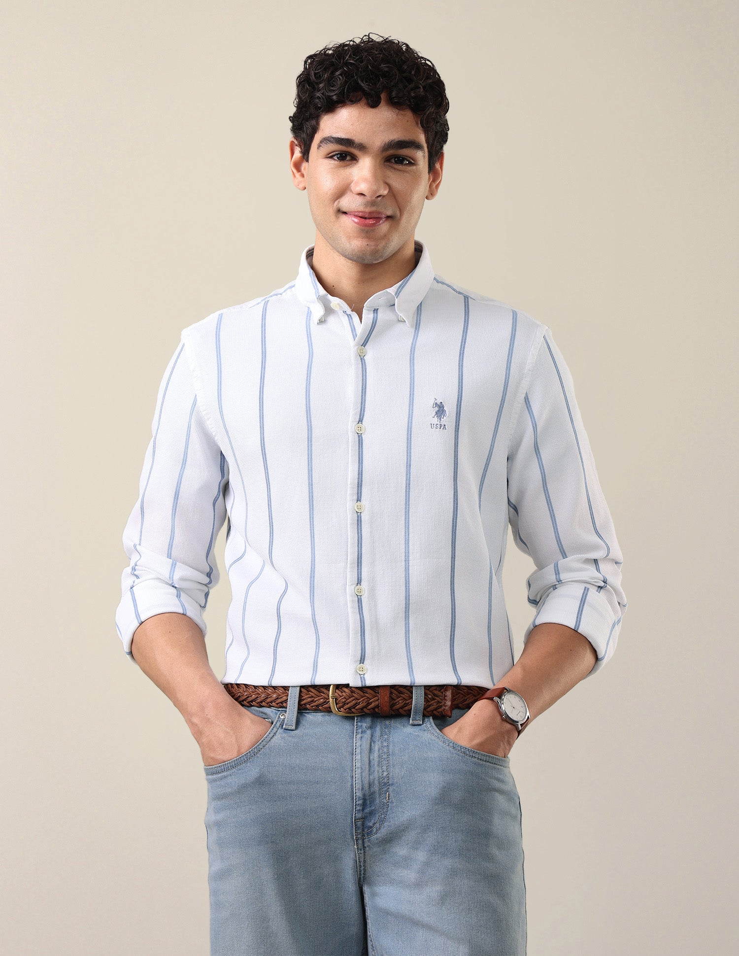 Self Design Vertical Striped Regular Fit Shirt Light Indigo - U.S. Polo Assn. India | Large