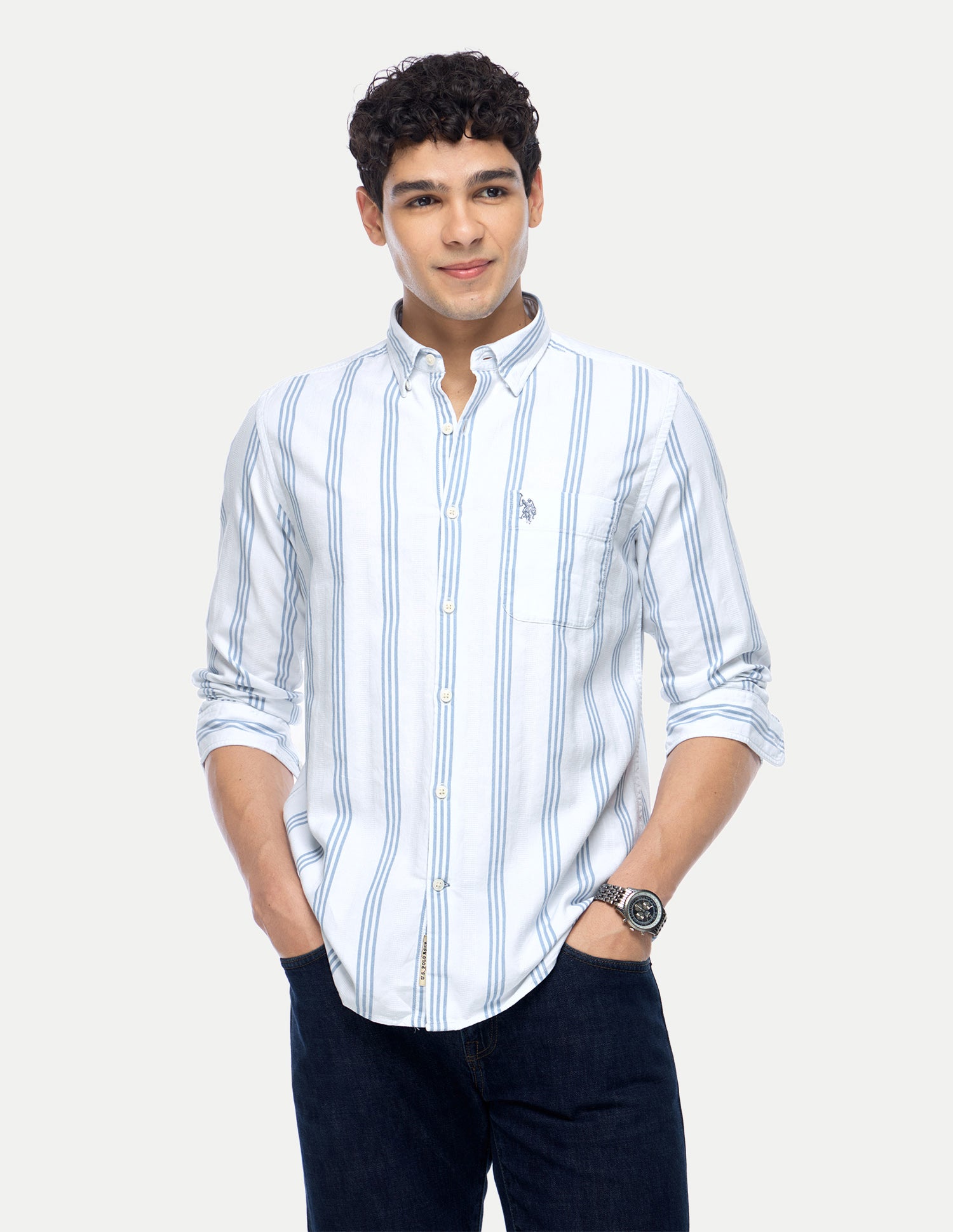 Vertical Striped Regular Fit Shirt Light Indigo - U.S. Polo Assn. India | Large