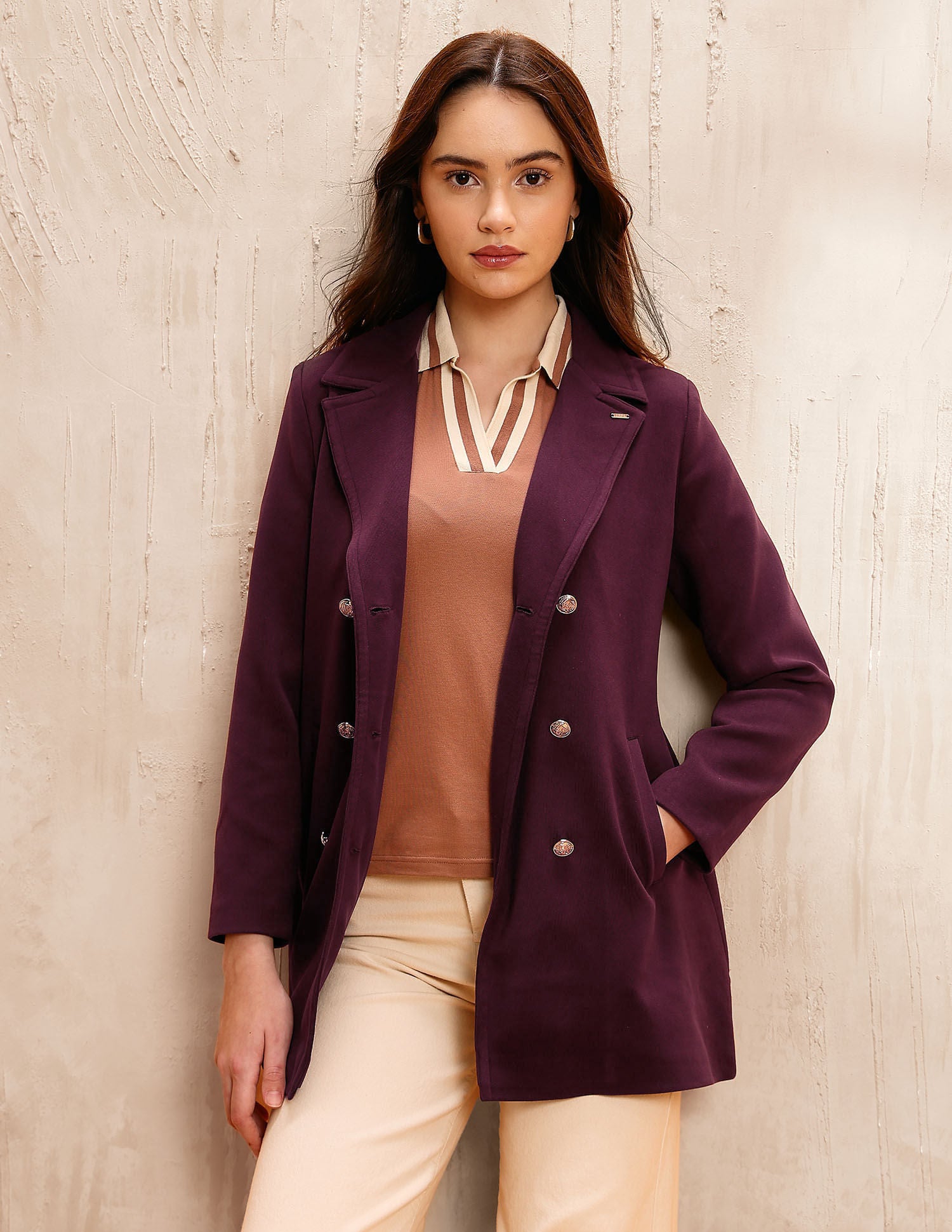 Solid Double Breasted Notch Lapel Collar Coat