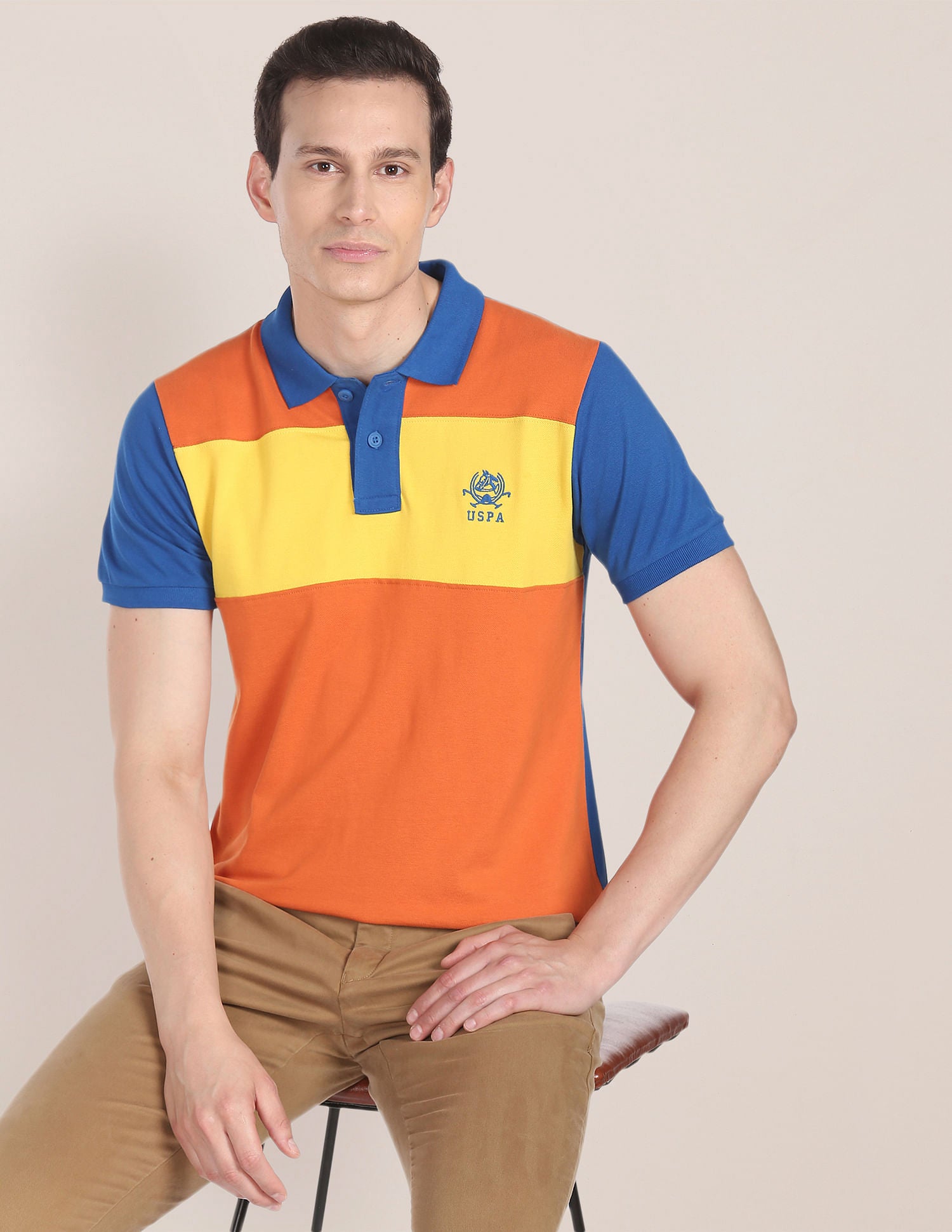 Colour Block Cotton Polo Shirt Orange and Blue - U.S. Polo Assn. India | Large