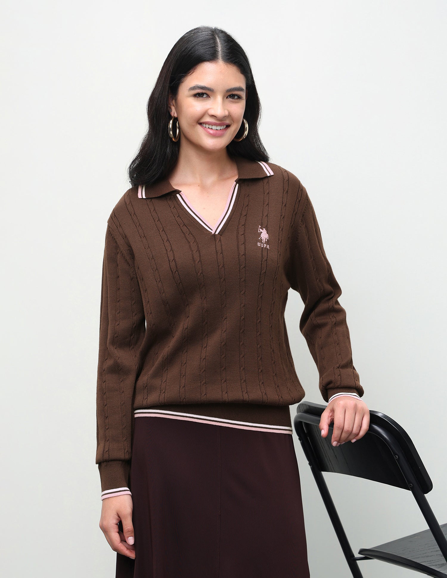 Cable Patterned Knit Regular Fit Sweater Brown - U.S. Polo Assn. India | Large