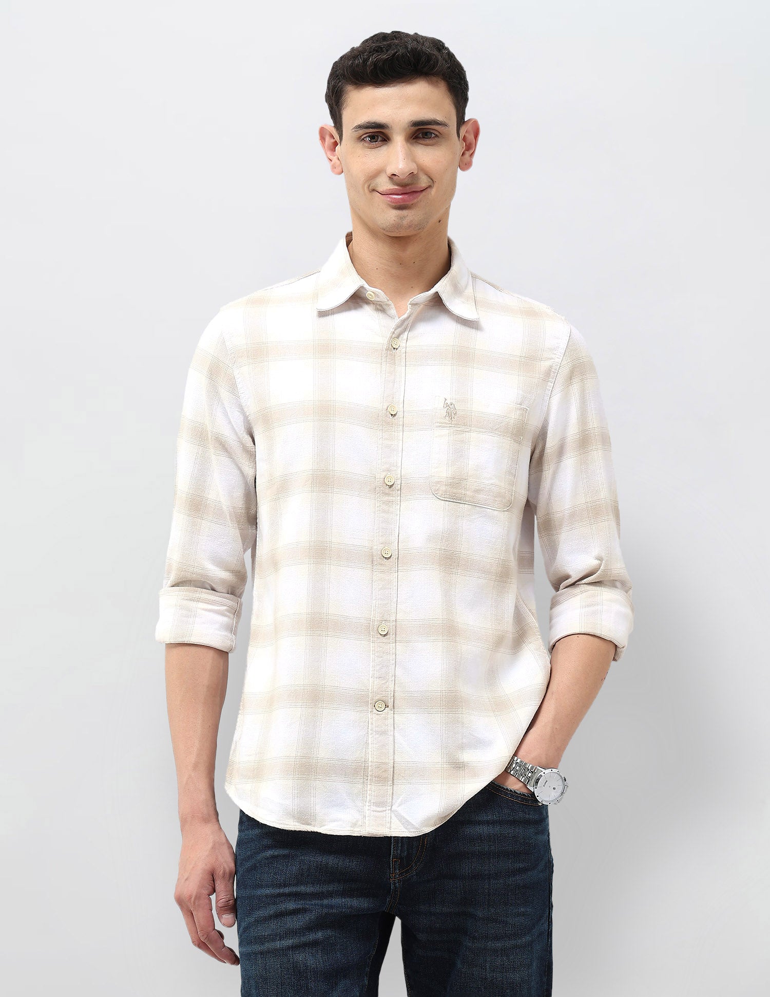 Twill Tartan Checked Shirt Beige - U.S. POLO ASSN. | Large