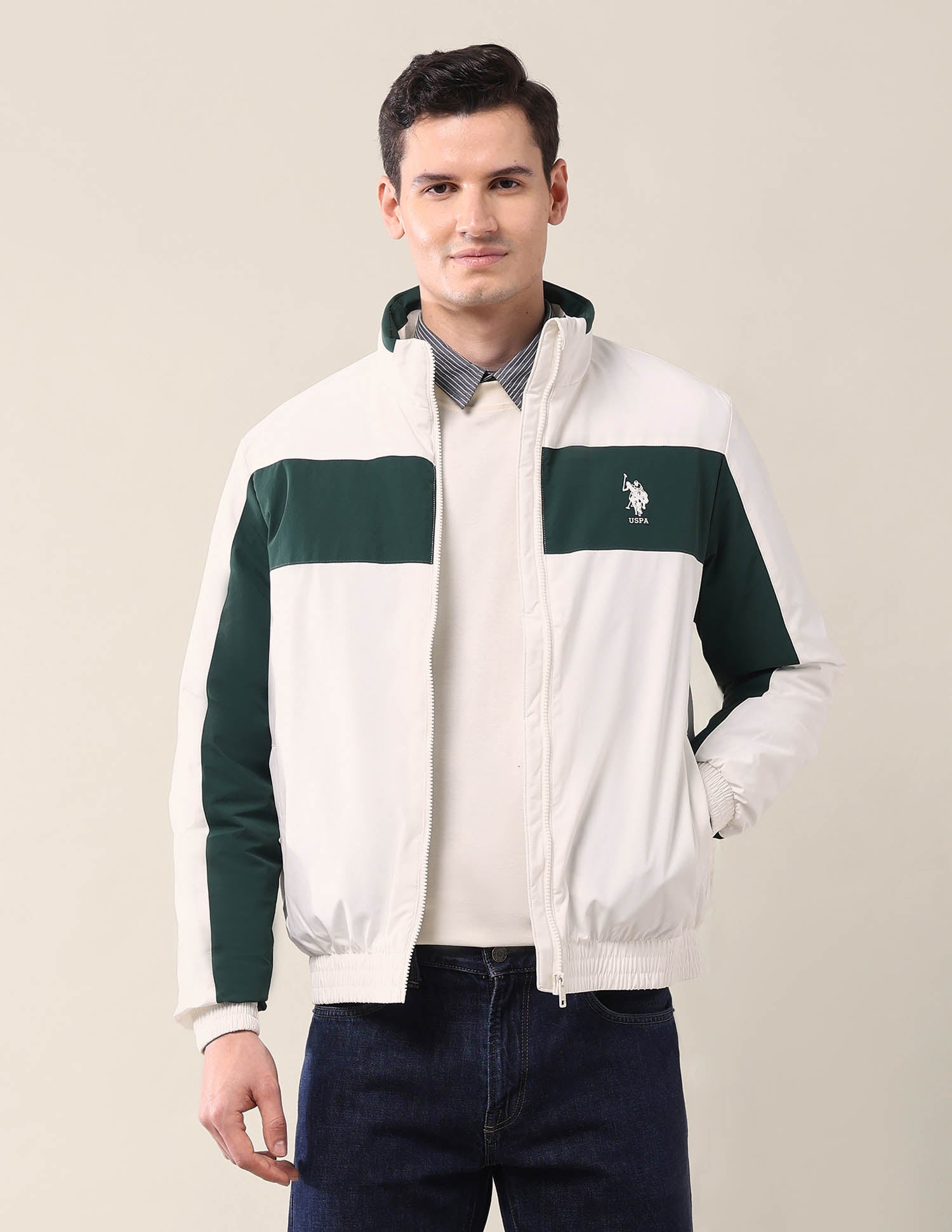 Colourblocked Regular Fit Jacket Ecru - U.S. Polo Assn. India | Large