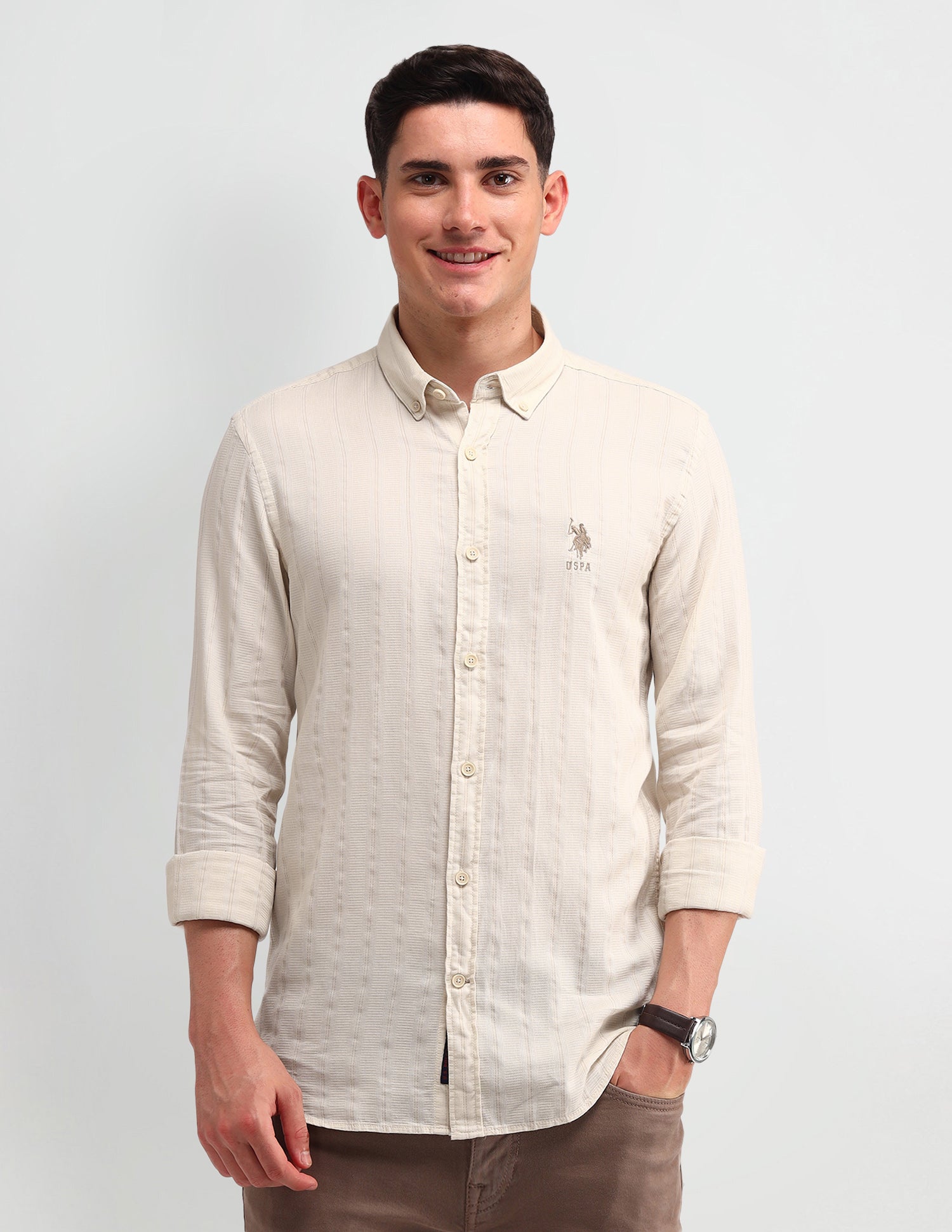 Vertical Striped Slim Fit Shirt Beige - U.S. Polo Assn. India | Large