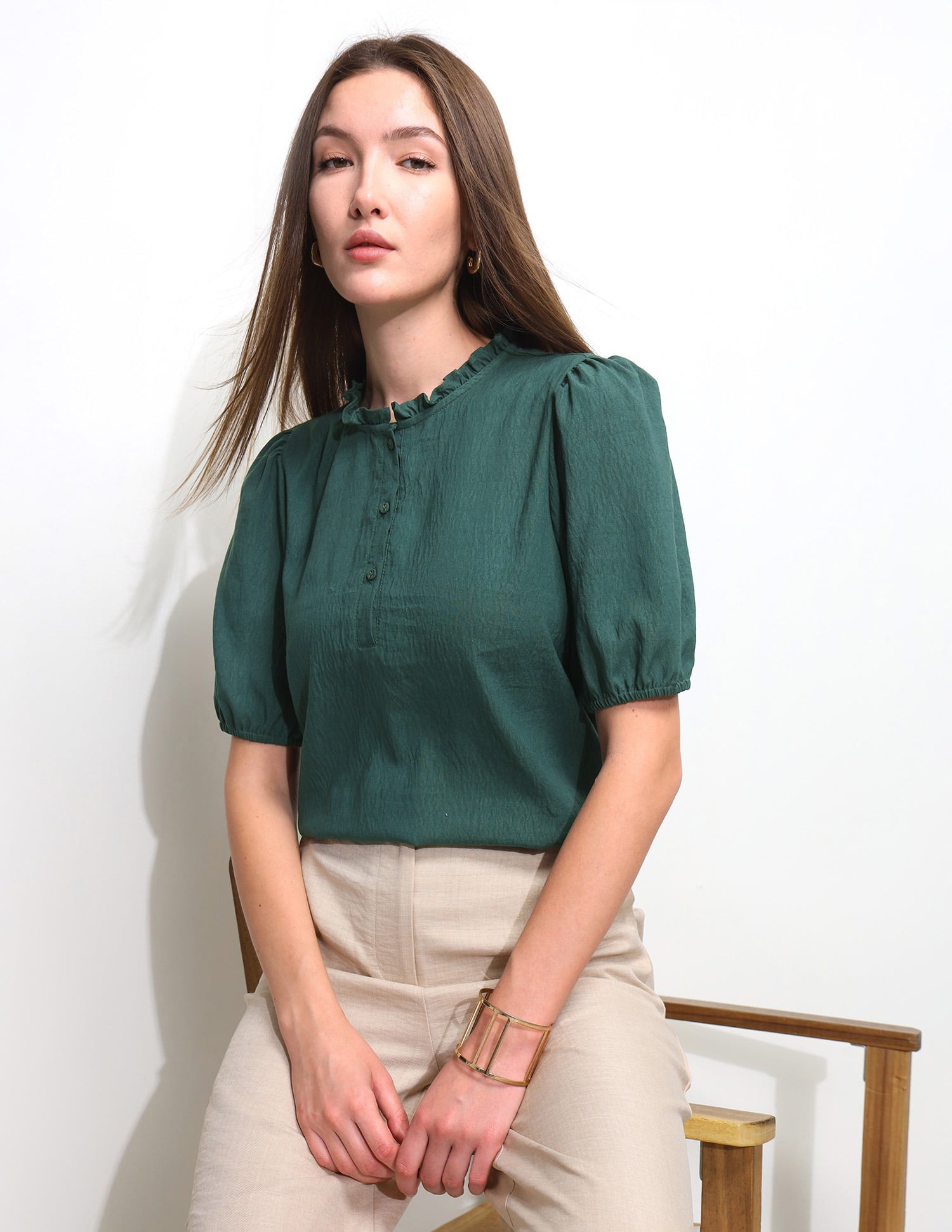 Solid Ruffle Neck Puff Sleeve Top Dark Green - U.S. Polo Assn. India | Large