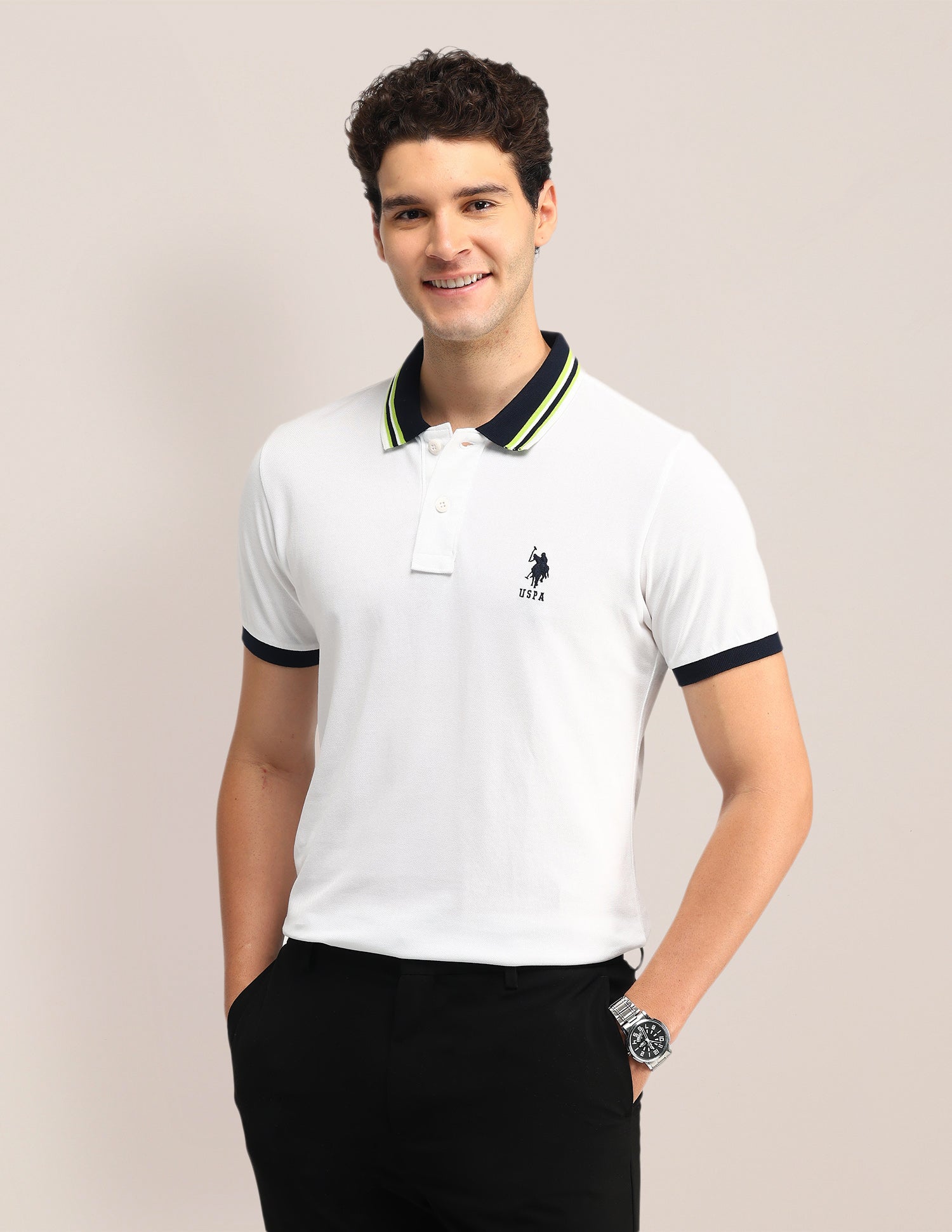 Textured Slim Fit Polo Shirt White - U.S. Polo Assn. India | Large