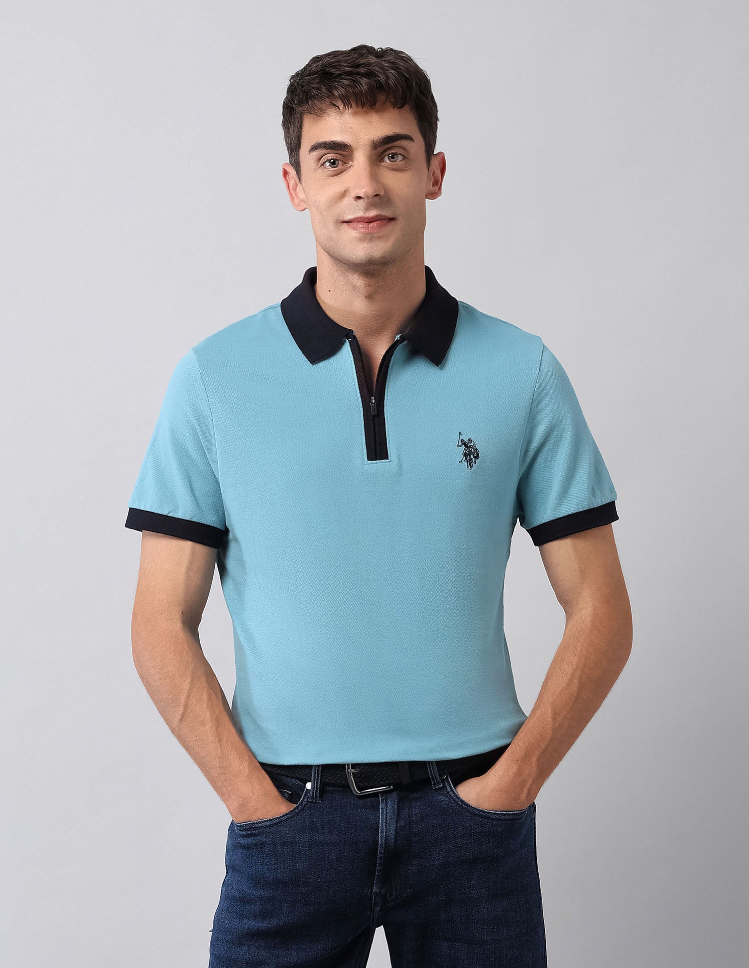 Pure Cotton Muscle Fit Polo Shirt Light Blue - U.S. Polo Assn. India | Large