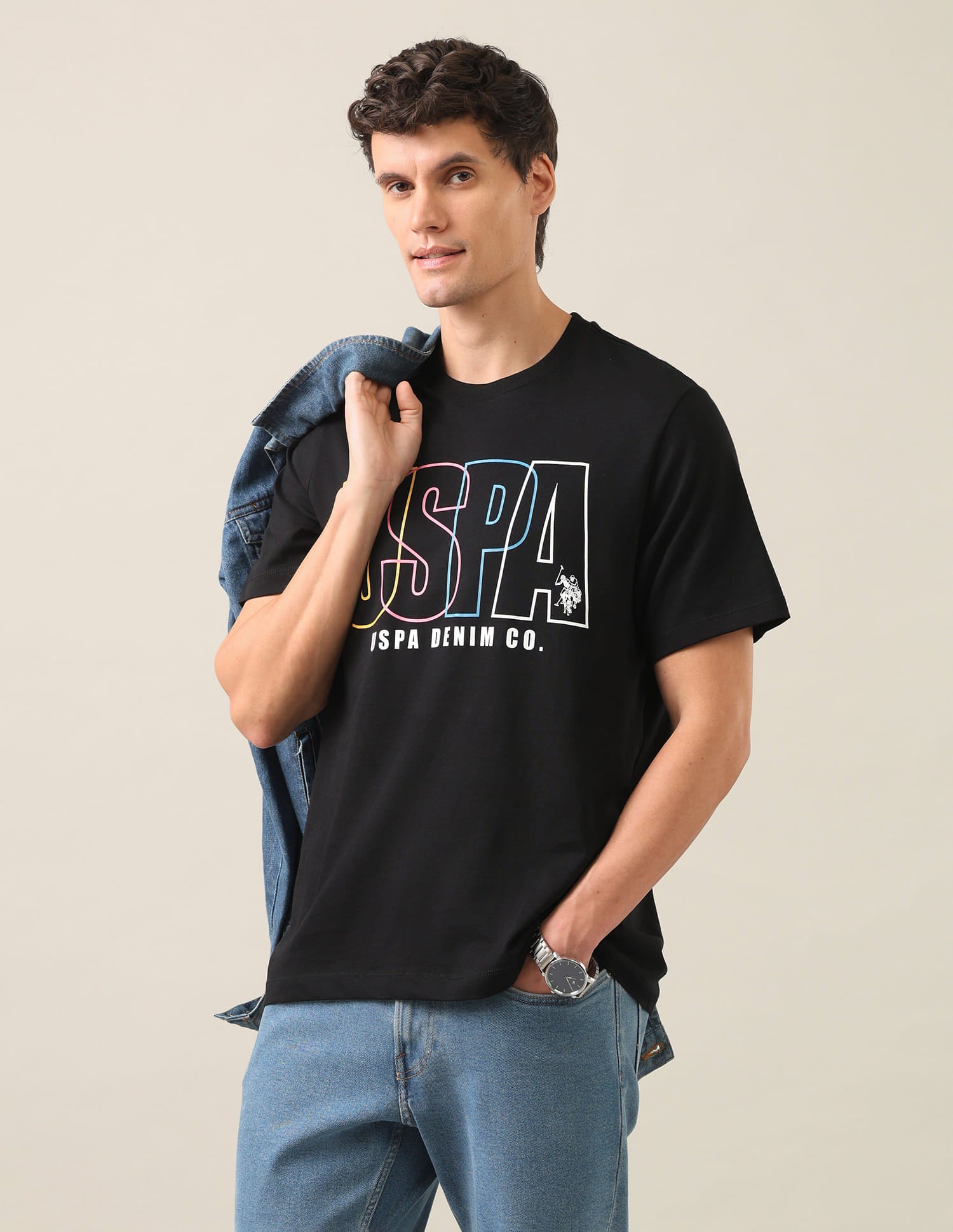 Typographic Brand Printed Relaxed Fit T-Shirt Black - U.S. Polo Assn. India | Large