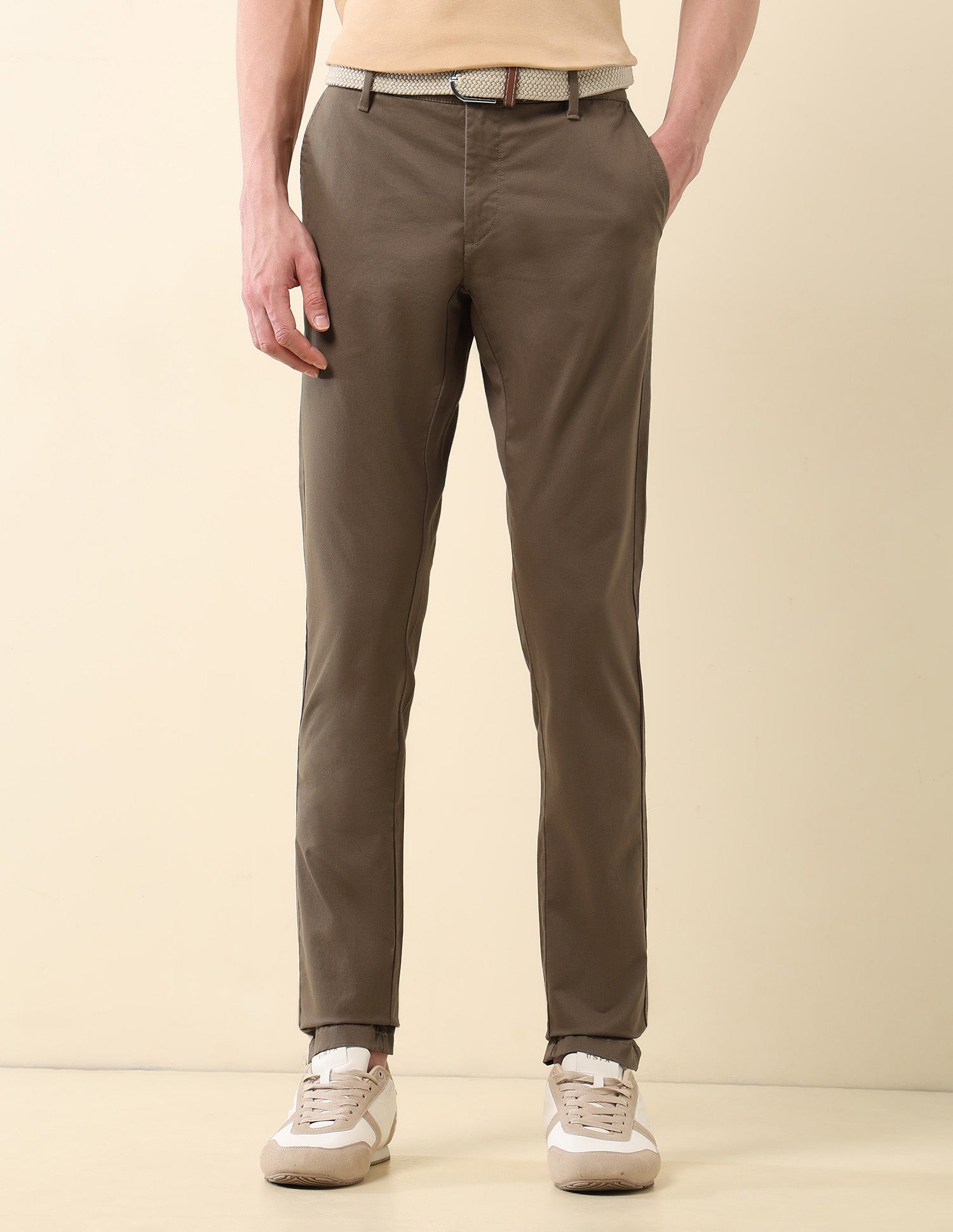Textured Austin Slim Fit Trousers Brown - U.S. Polo Assn. India | Large
