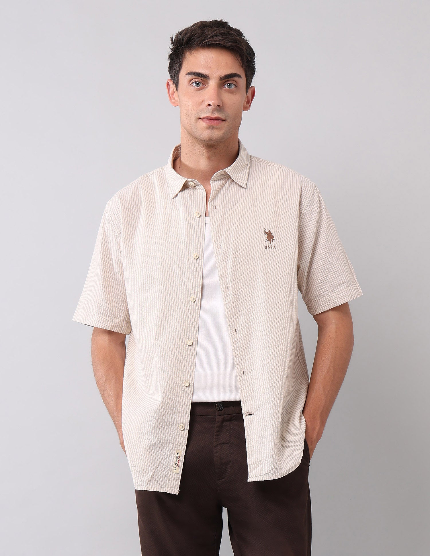 Vertical Striped Pure Cotton Shirt Beige - U.S. POLO ASSN. | Large