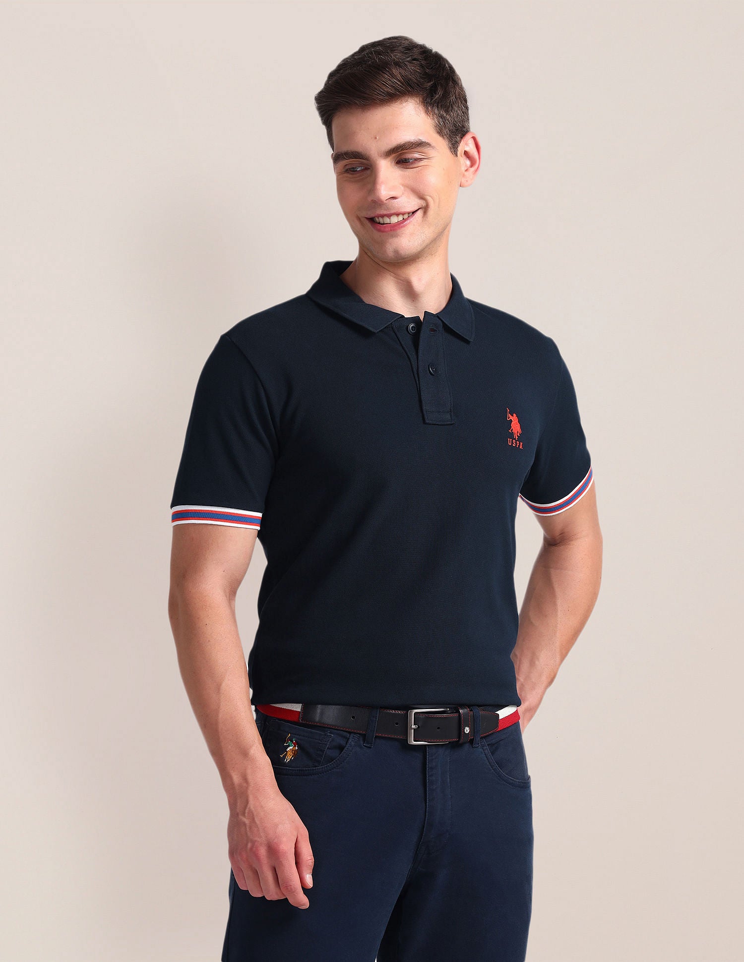 Tipped Sleeve Hem Slim Polo Shirt Navy - U.S. Polo Assn. India | Large