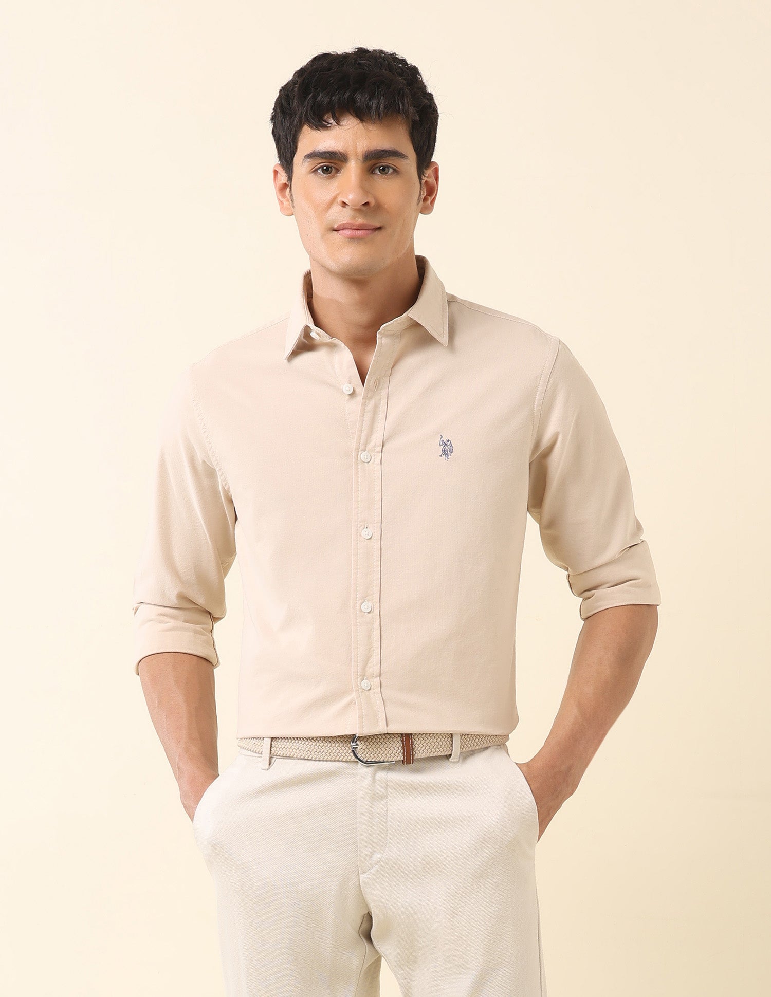 Tailored Fit Pure Cotton Oxford Shirt Beige - U.S. Polo Assn. India | Large