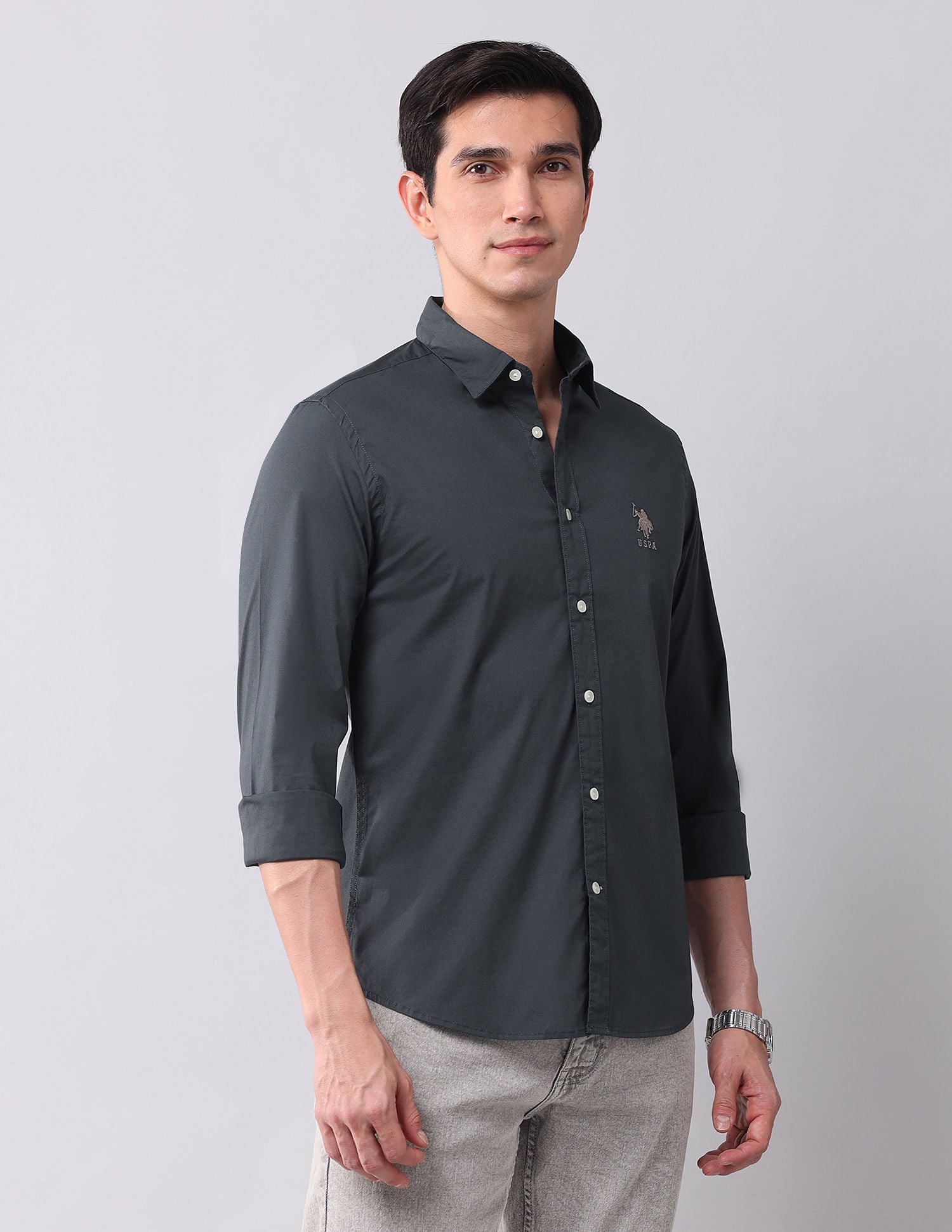 Regular Fit Twill Solid Shirt Charcoal - U.S. Polo Assn. India | Large