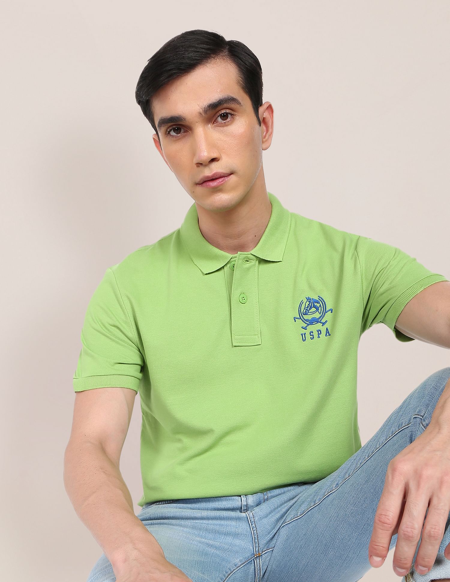 Solid Pure Cotton Polo Shirt Light Green - U.S. Polo Assn. India | Large