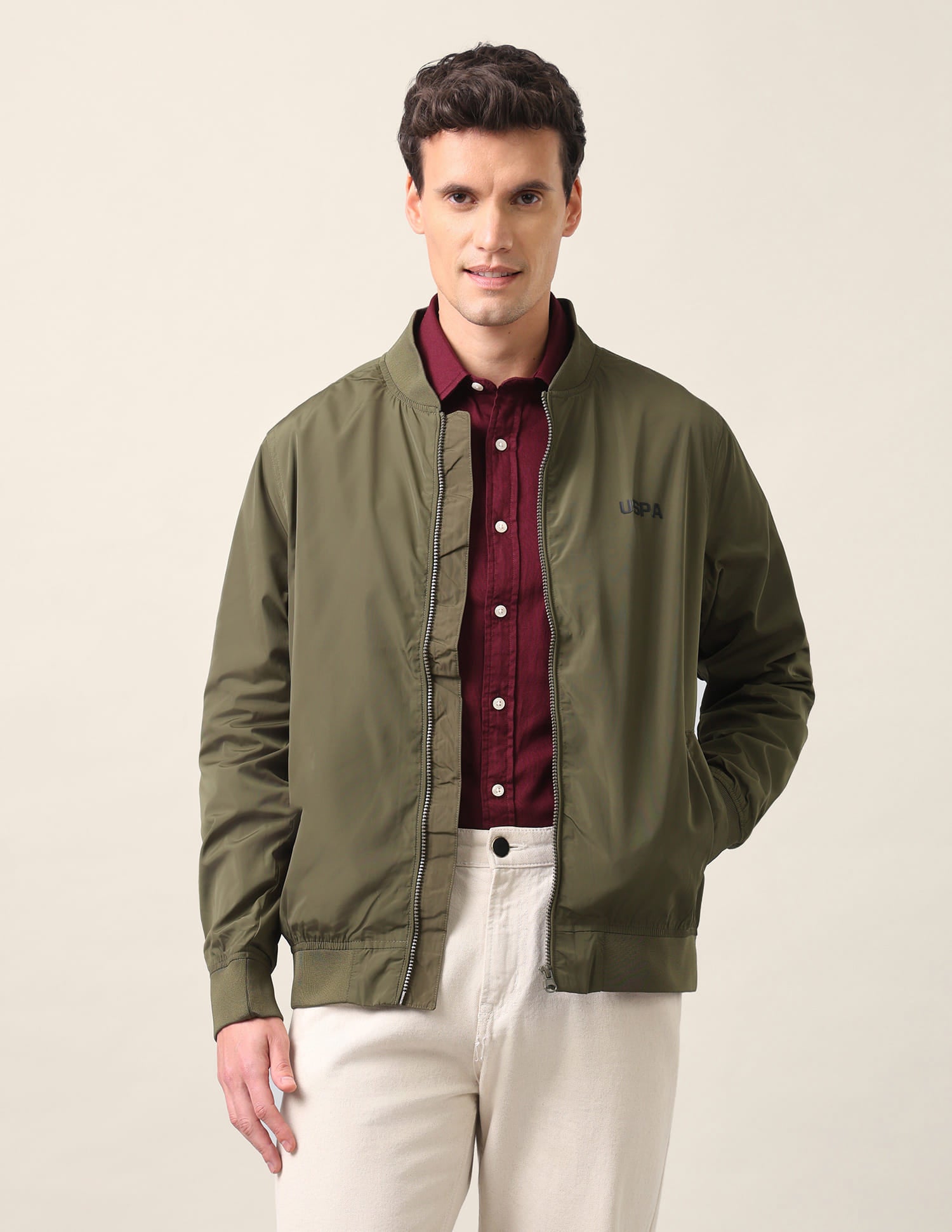 Solid Polyester Bomber Jacket Olive - U.S. Polo Assn. India | Large