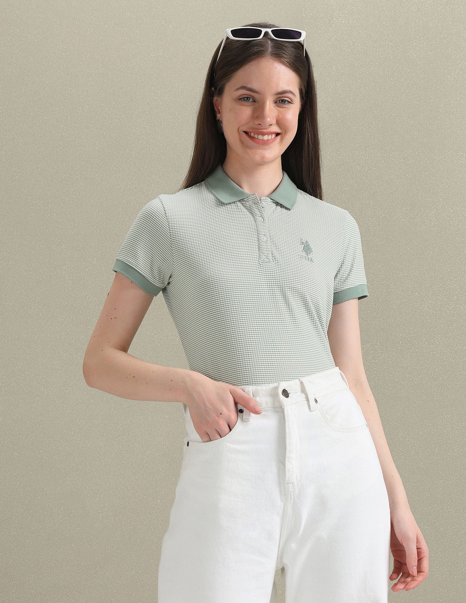 Ribbed Collar Patterned Polo Shirt