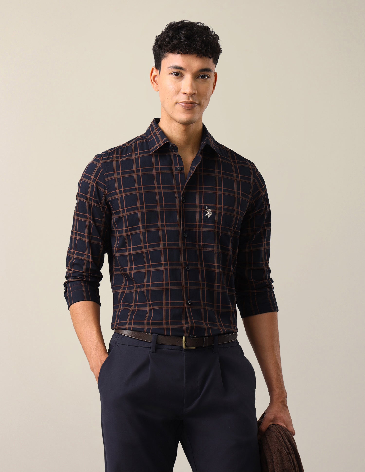 Grid Tattersall Checked Tailored Fit Shirt Navy - U.S. Polo Assn. India | Large