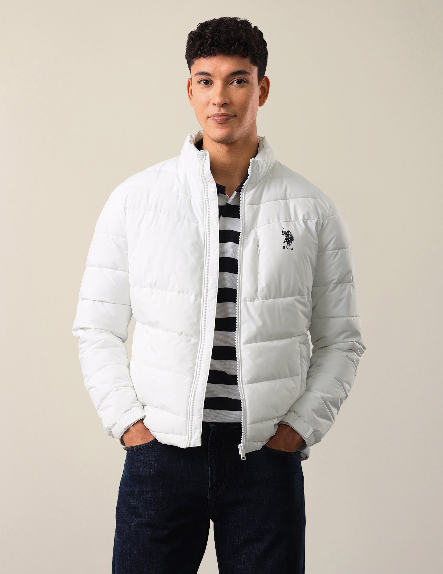 Solid Regular Fit Puffer Jacket White - U.S. Polo Assn. India | Large