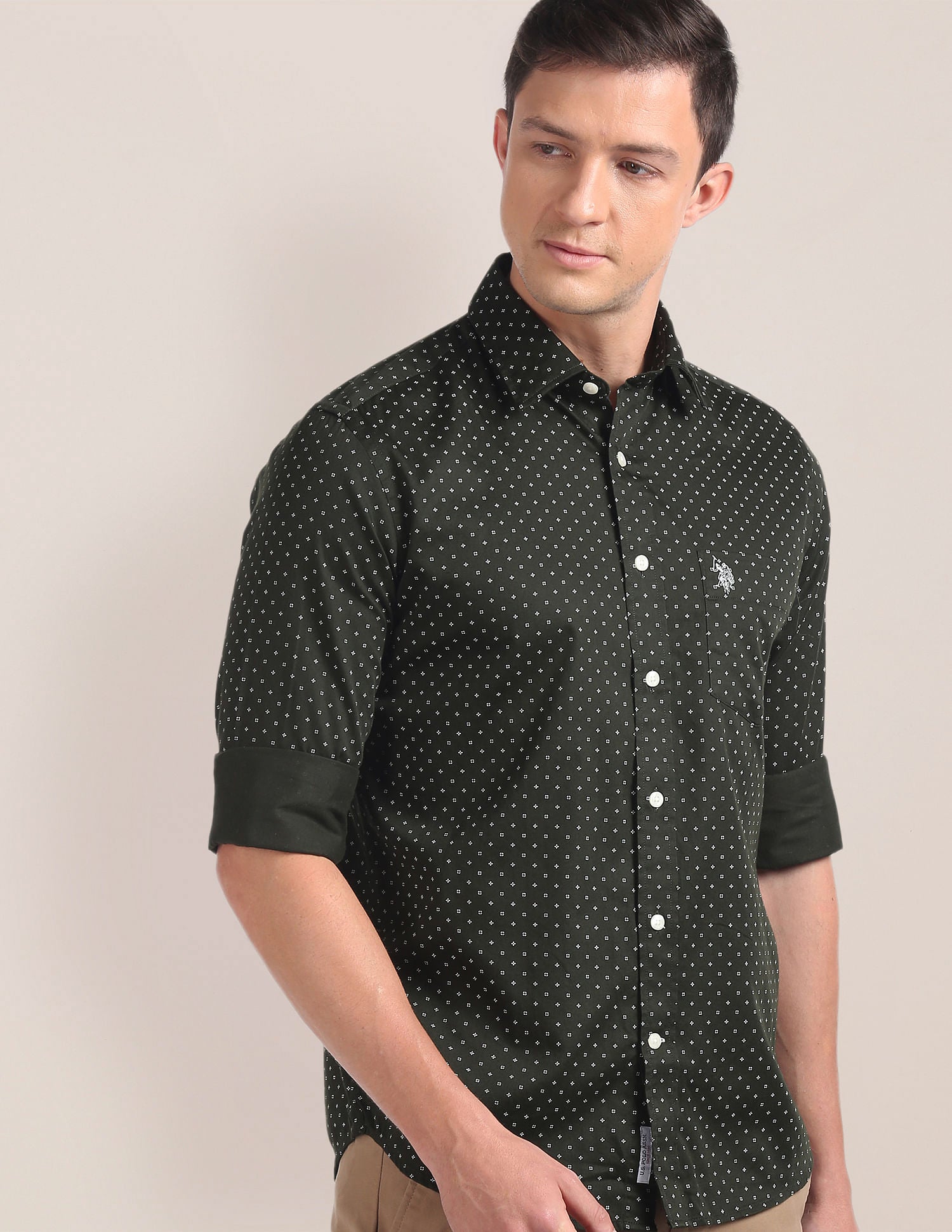 Geometric Print Cotton Casual Shirt Dark Olive - U.S. POLO ASSN. | Large