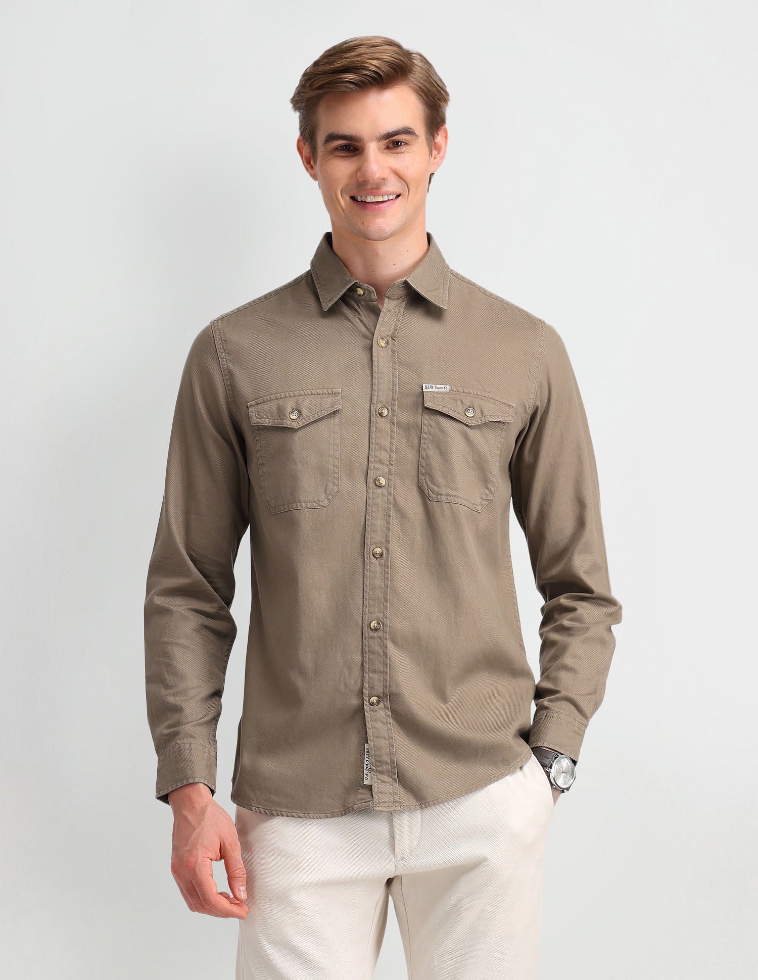 Slim Fit Cavalry Twill Shirt Light Khaki - U.S. Polo Assn. India | Large