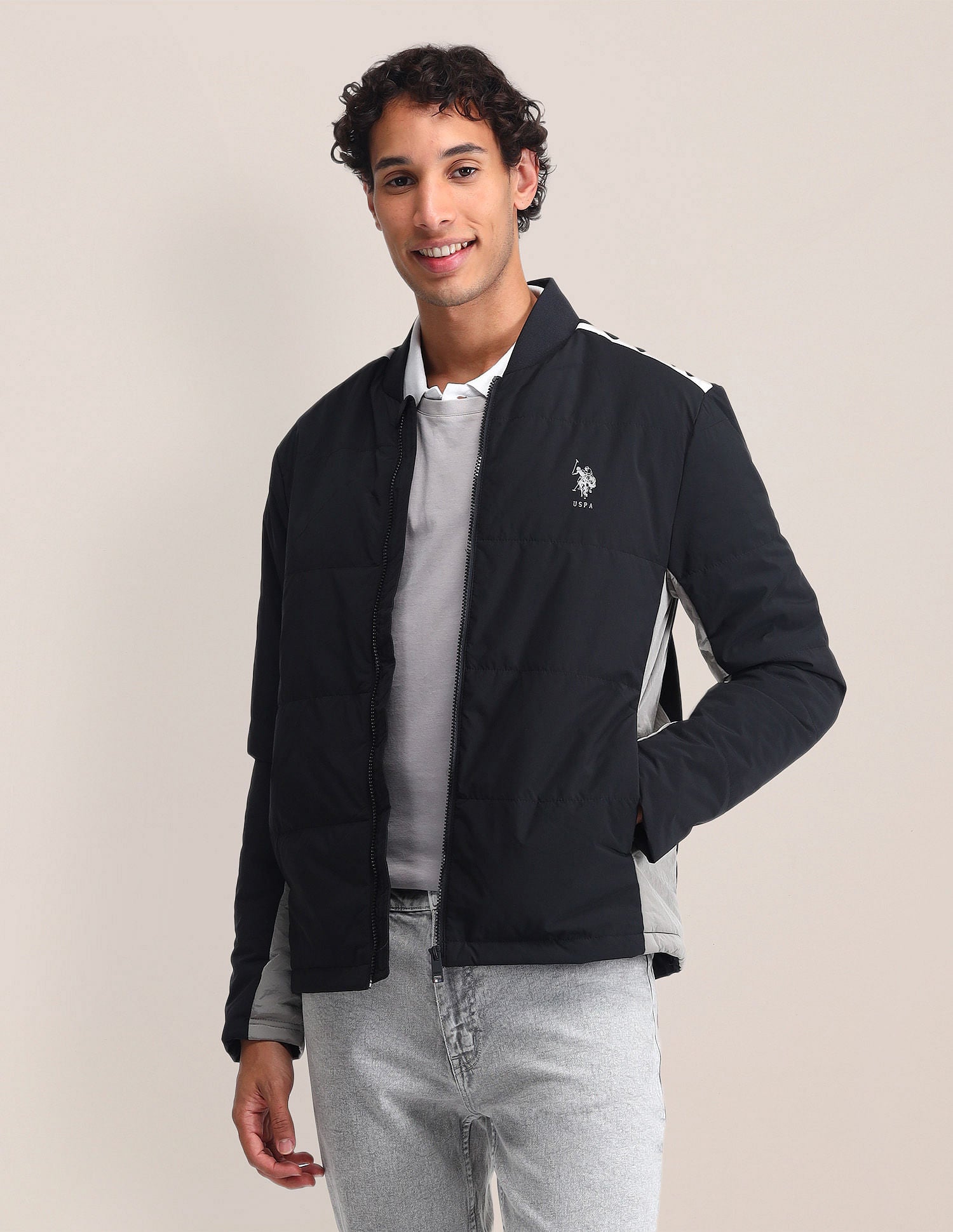 Regular Fit Solid Bomber Jacket Black - U.S. Polo Assn. India | Large