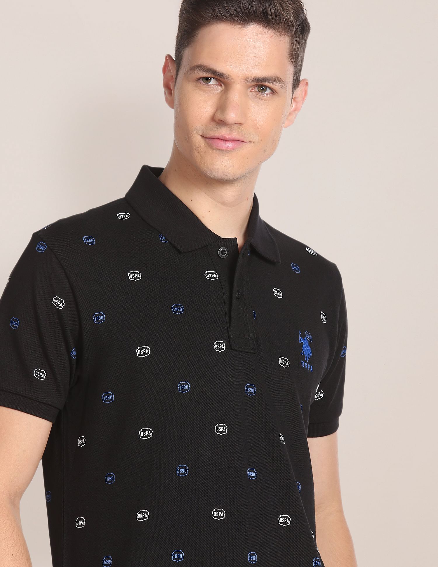 Cotton All Over Brand Print Polo Shirt Black - U.S. Polo Assn. India | Large