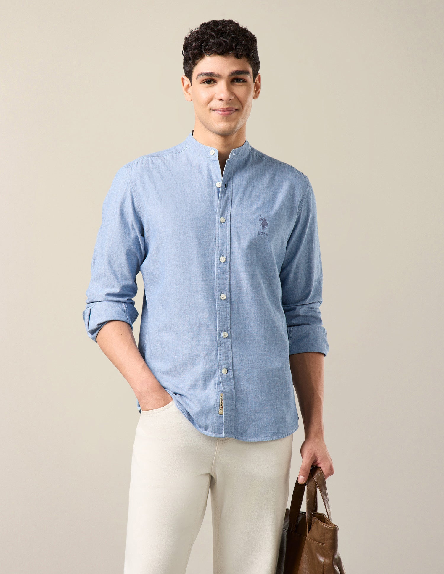 Heathered Twill Mandarin Shirt Light Indigo - U.S. Polo Assn. India | Large