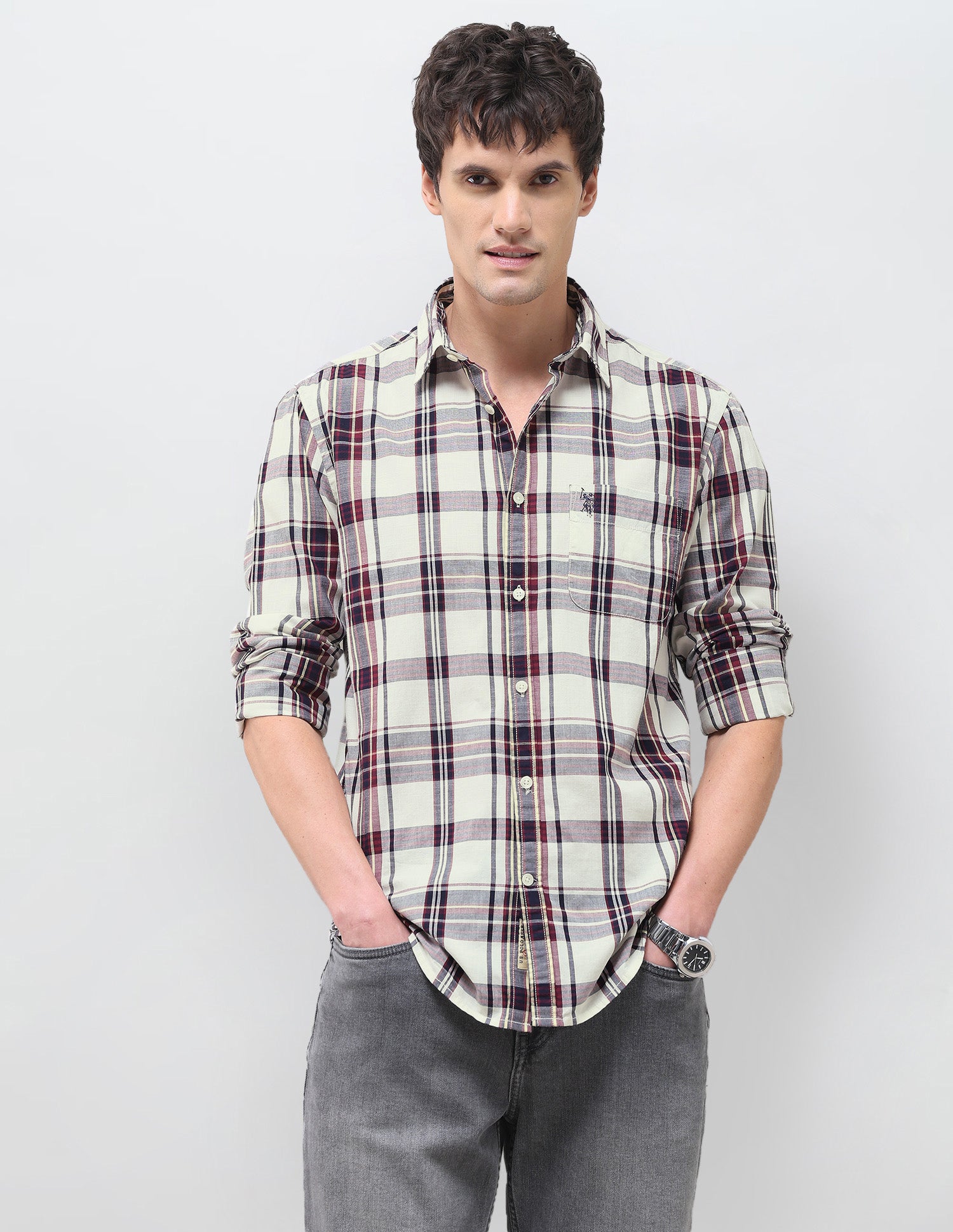 Plaid Checked Regular Fit Shirt Ivory - U.S. Polo Assn. India | Large