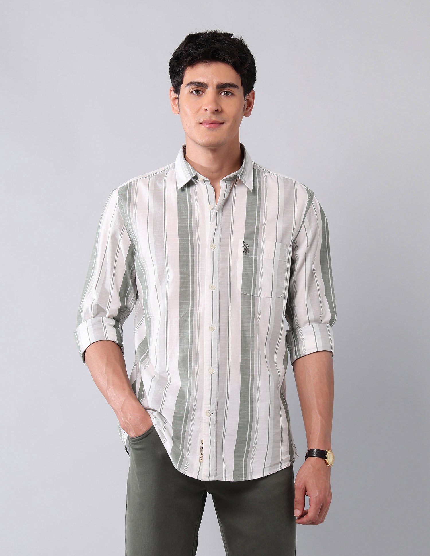Vertical Striped Pure Cotton Shirt Green - U.S. Polo Assn. India | Large