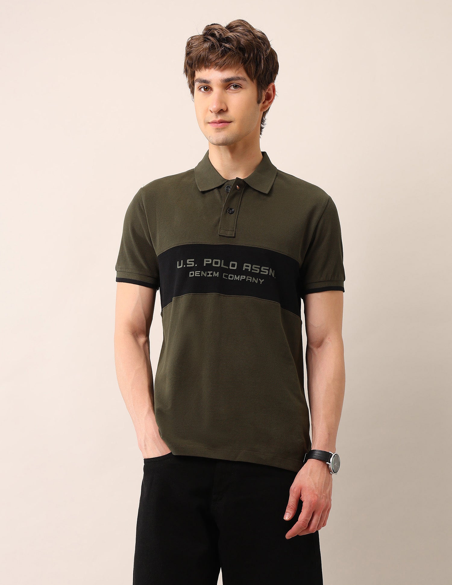 Brand Printed Pure Cotton Polo Shirt Olive - U.S. Polo Assn. India | Large