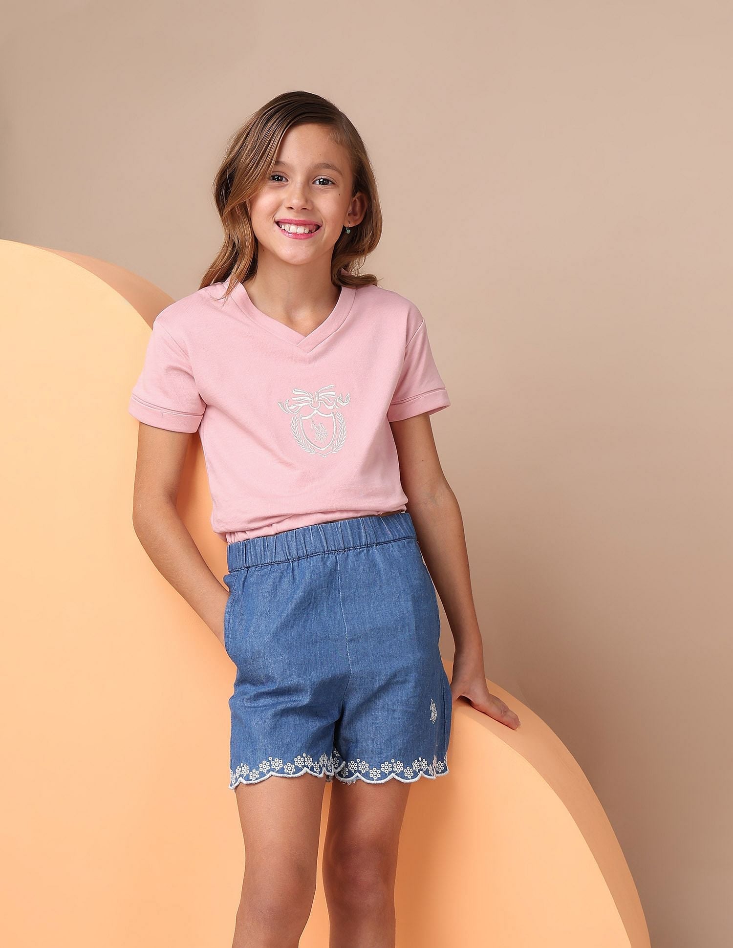 Girls Crest Embroidered Cotton T-Shirt