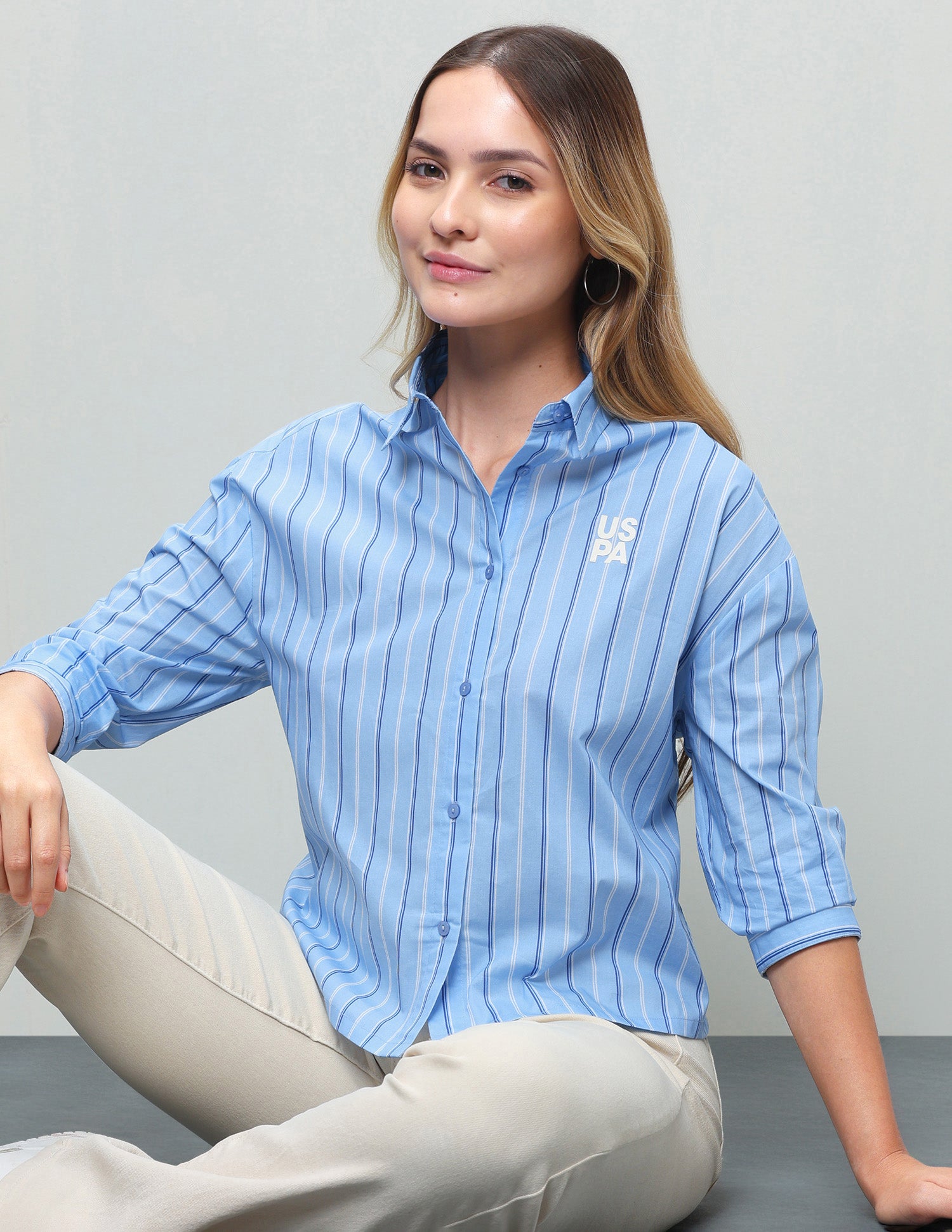 Vertical Striped Cropped Shirt Light Blue - U.S. Polo Assn. India | Large