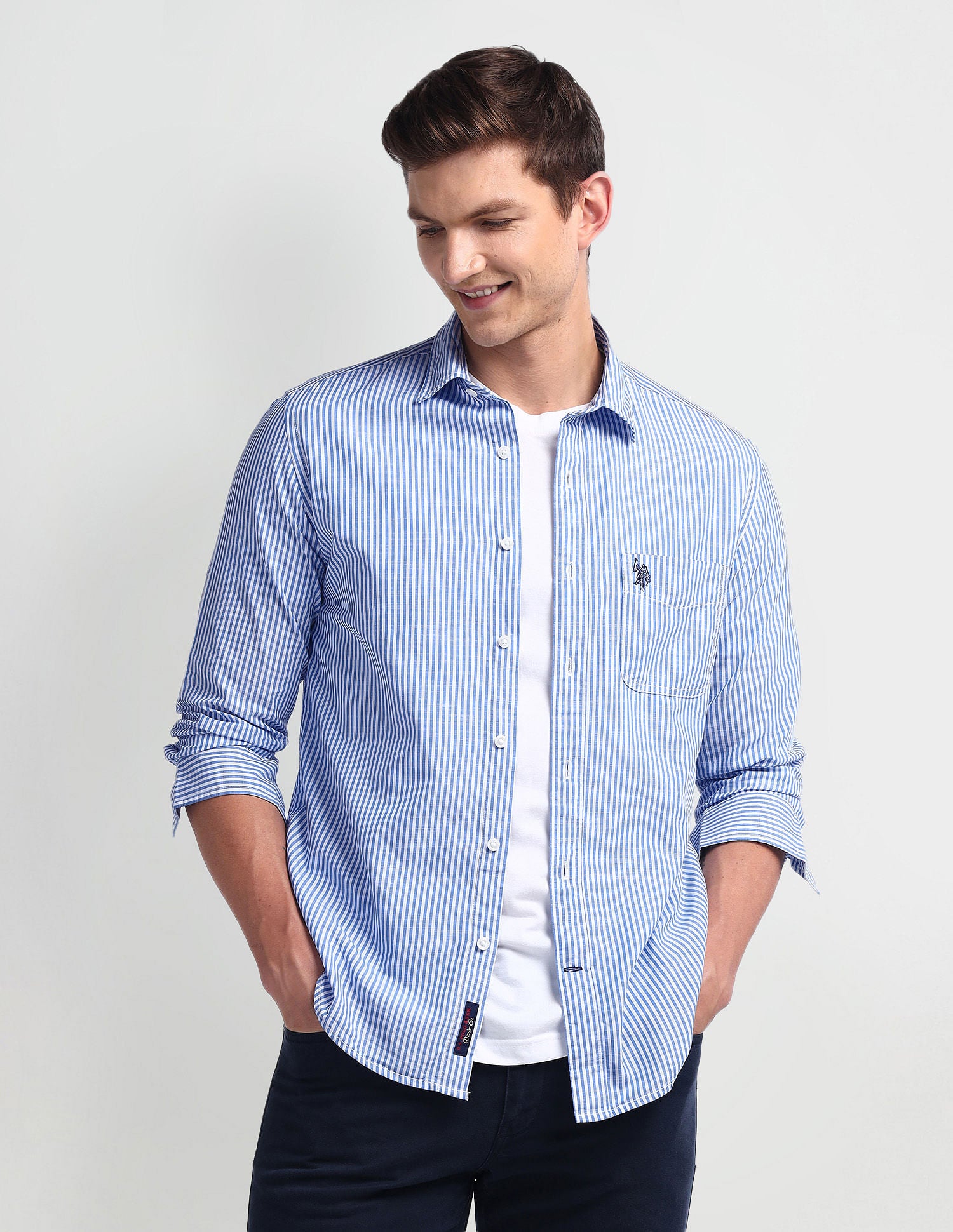 Vertical Stripe Slim Fit Shirt Blue - U.S. Polo Assn. India | Large