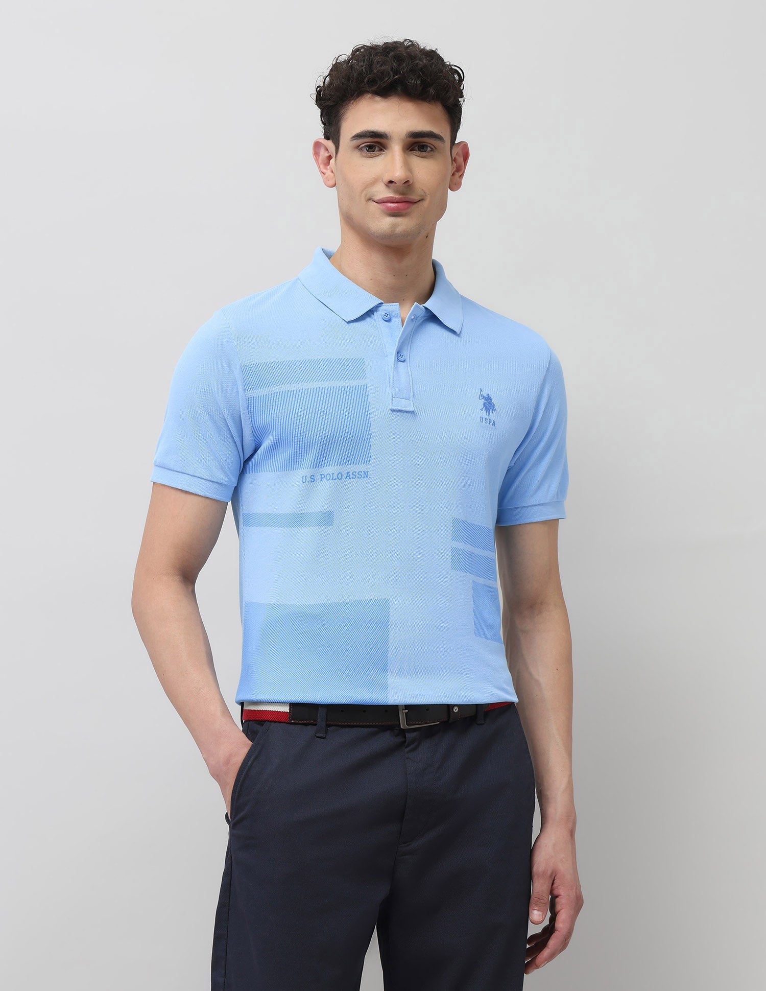 Diagonal Striped Slim Fit Polo Shirt Light Blue - U.S. Polo Assn. India | Large