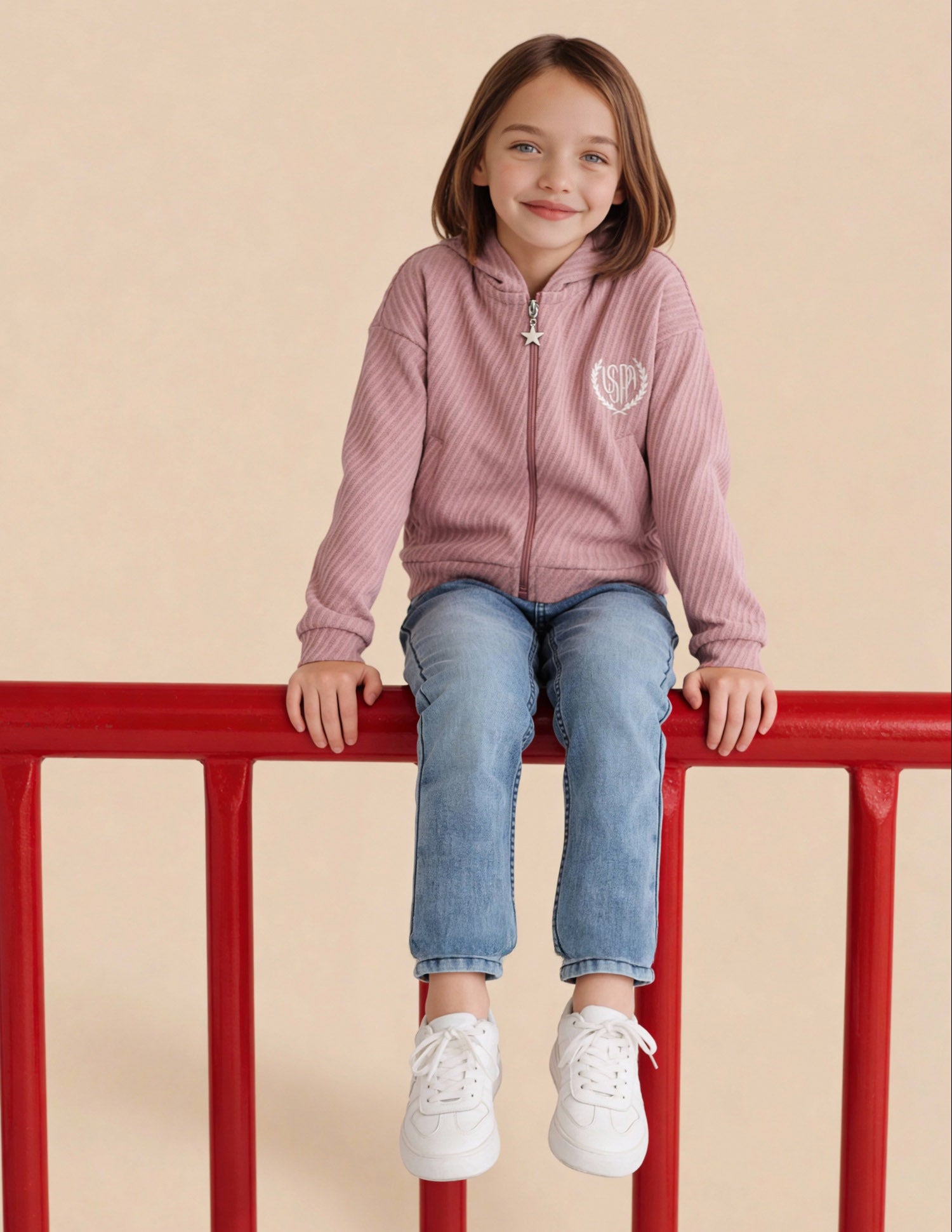 Girls Diagonal Striped Zipper Sweatshirt