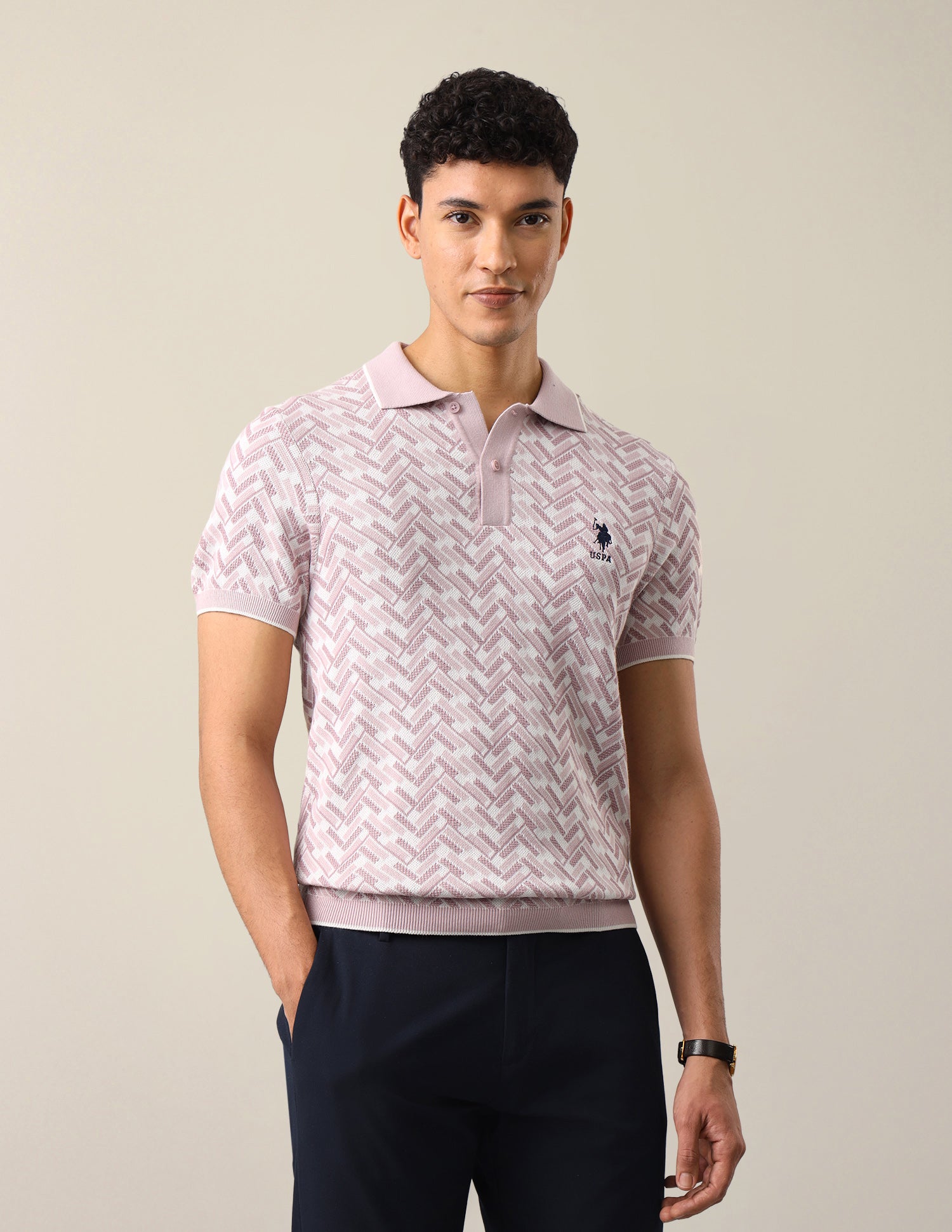 Geometric Patterned Knit Slim Fit Polo Shirt Pink - U.S. Polo Assn. India | Large